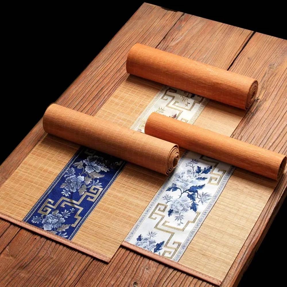 Asian Style Bamboo Table Runner, Floral Embroidery Cotton Linen Zen Bamboo Table Mat for Home Kitchen Dining Decor (Navy Blue, 12x48 Inch)