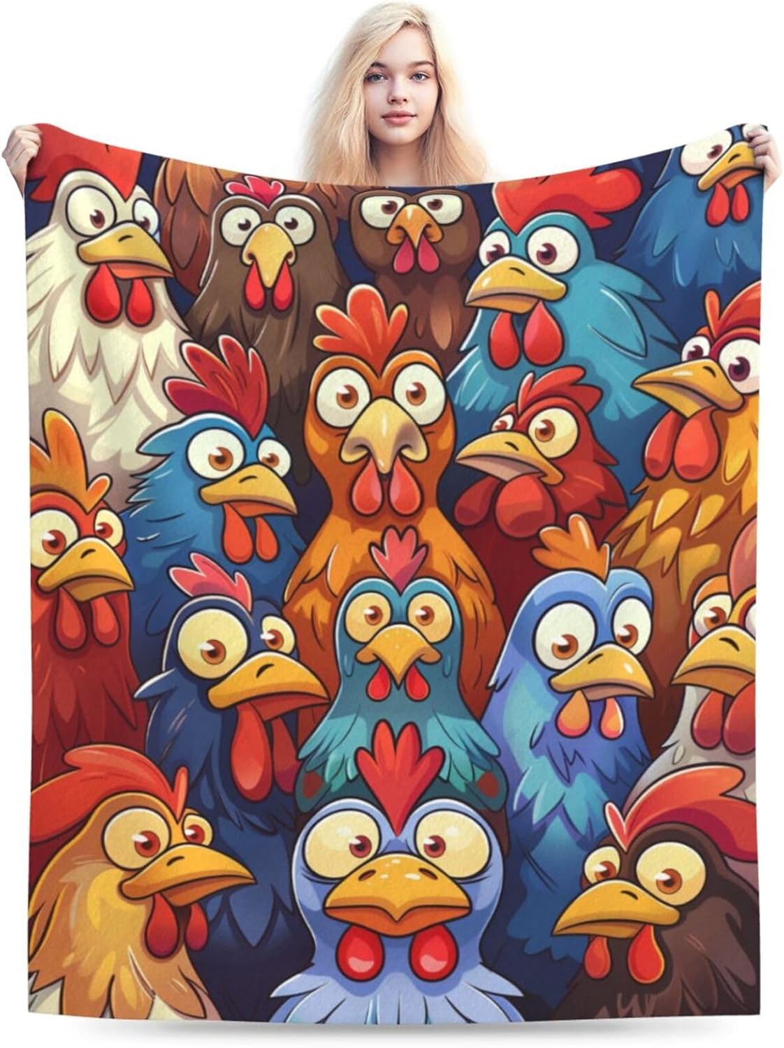 Funny Chicken Cartoon Blanket Gifts for Women Kids, Colorful Farm Rooster Theme Fla...
