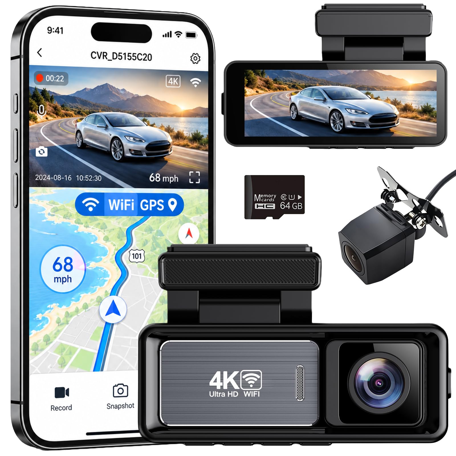 Dashcam anteriore e posteriore, 4K, HDR 2160P + AHD 1080P, display IPS da