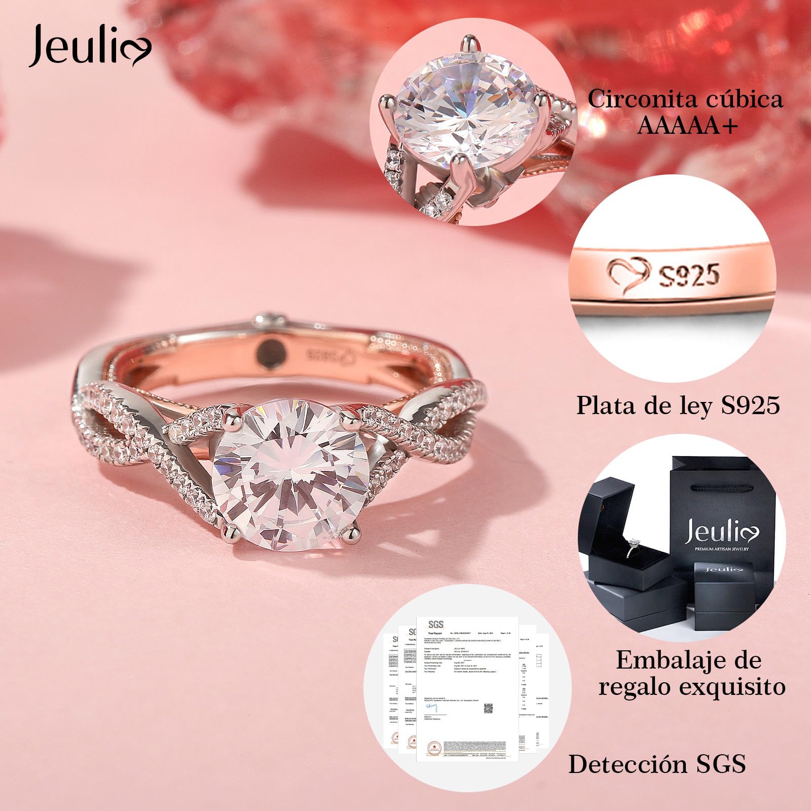 Jeulia Anillos de dos tonos de plata esterlina para mujer: Anillo de filas de torsión de eternidad de corte redondo Anillo de compromiso de promesa Anillo de compromiso de joyería de circonio cúbico