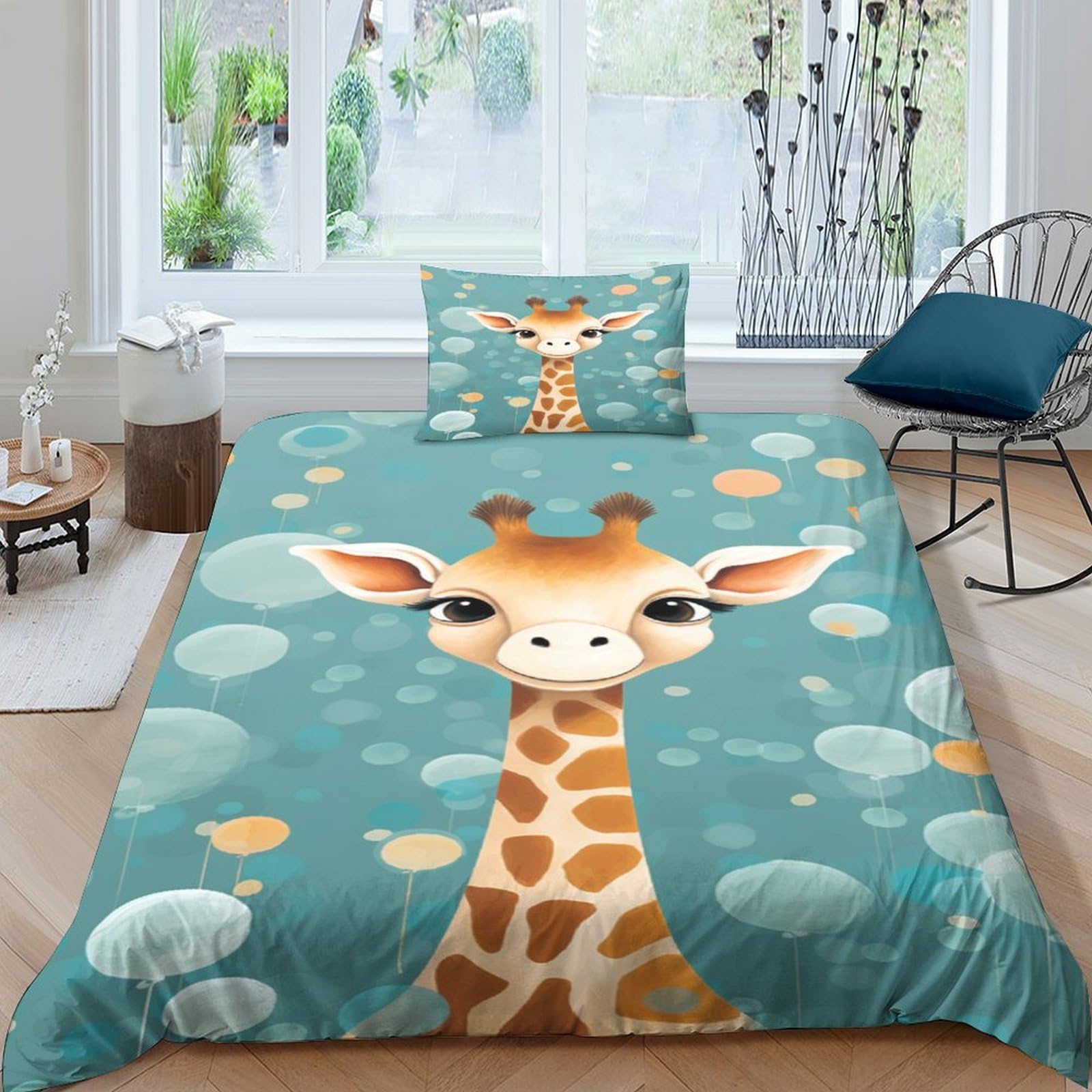 LAMAME Giraffe Duvet Cover Bedding Set with Zipper Closure for Kids Children Quilt Cover Set for Kids Boys Teens Single（135x200cm）