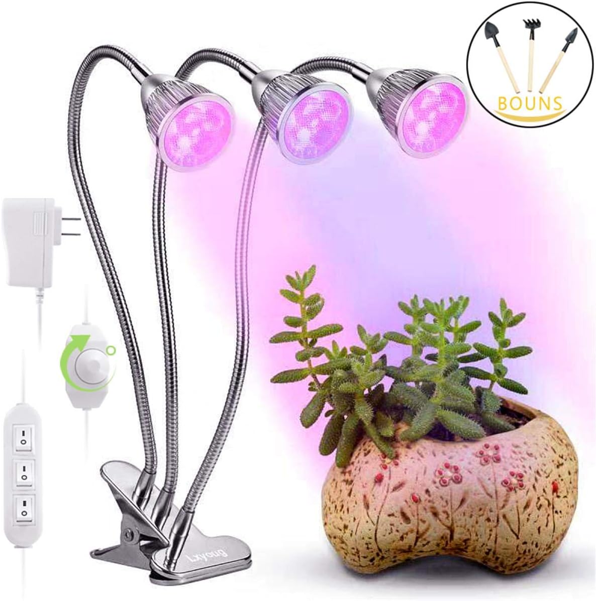 LED Grow Light for Indoor Plant, Lxyoug 15W Grow Lamp,3-Head Divide Control Adjustable Gooseneck, Professional for Seedling Growing Blooming Fruiting