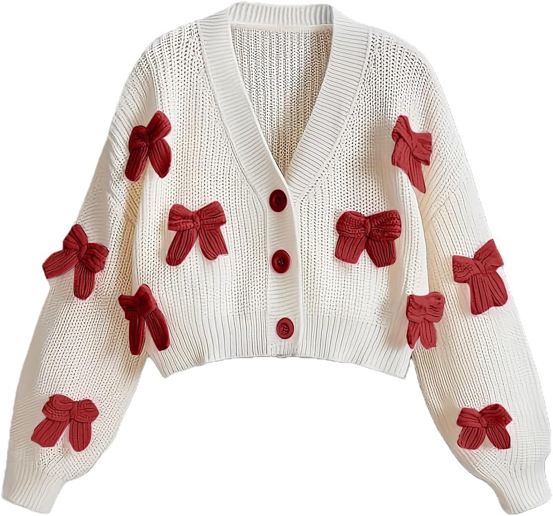 Teen Cardigan Sweater Girls Cute Bow School Uniform Button Down Knit Sweaters Long Sleeve Soft Cotton V Neck Jumpers