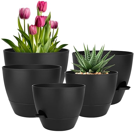 Plant Pots 10/9/8/7.5/7 Inch Self Watering Pots, Set of 5 Plastic Planters with Drainage Holes and Saucers,Plastic Flower Pots,Nursery Planting Pot for Indoor Out Door Plants(All Black)