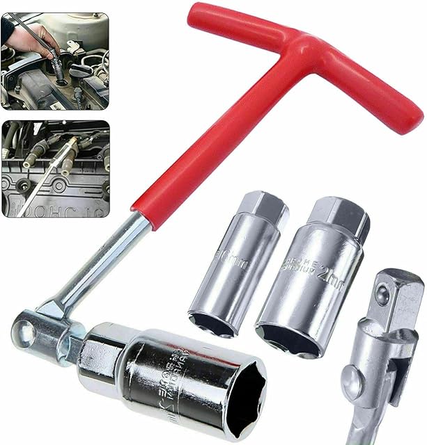 Spark Plug Socket Wrench Set - Red T-Handle Stainless Steel Silicone Spark Plug Removal Wrench Tool 16mm and 21mm - Flexible Spanner Spark Plug Wrench for Fastening and Demolition