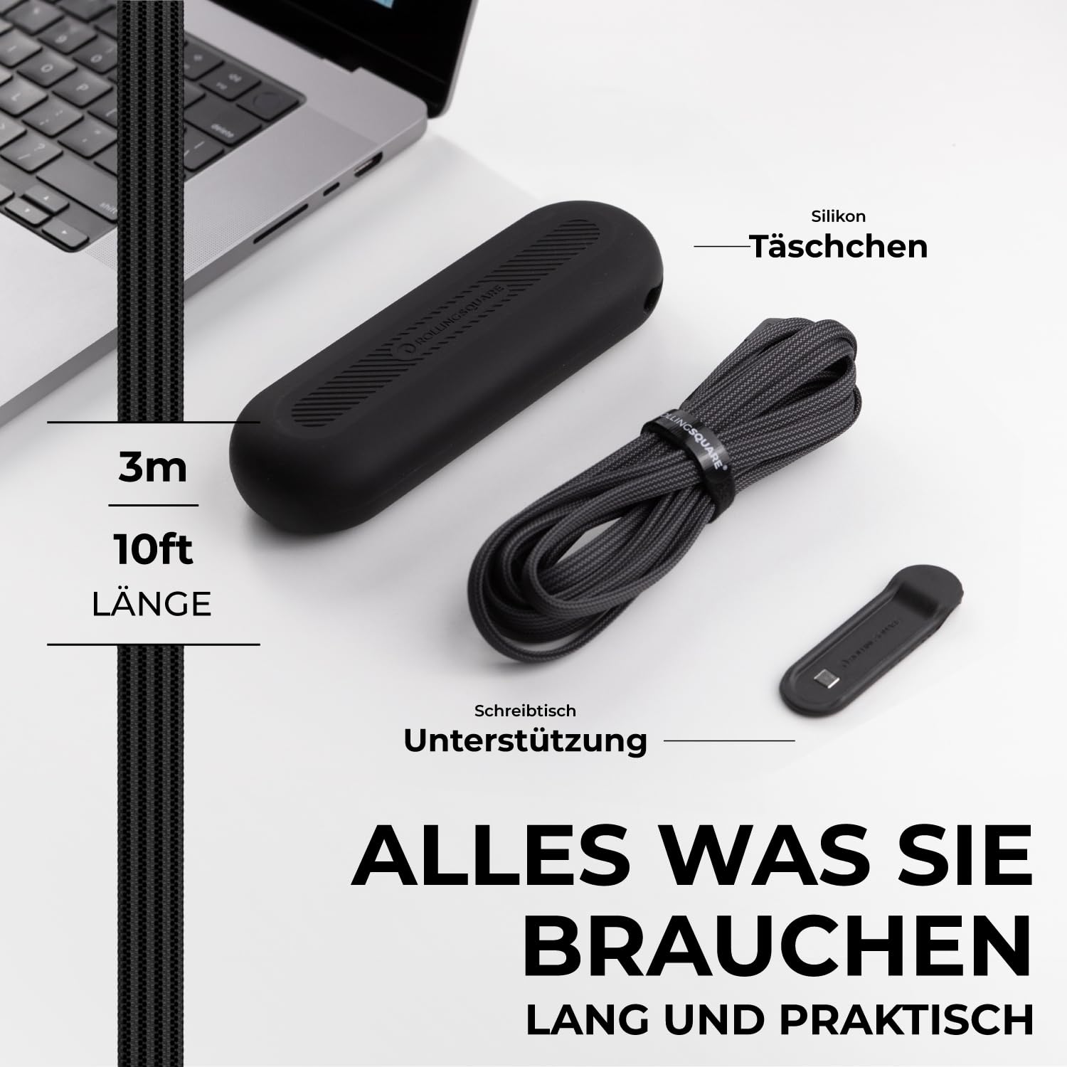 Rolling Square, inCharge XL 300 cm, USB-C-Kabel, Universal-Smartphone-Kabel, Geschenk für Männer, 6-in-1-Universalladegerät für Smartphones, technisches Gadget, Schwarz, Lightning-Kabel 100 W