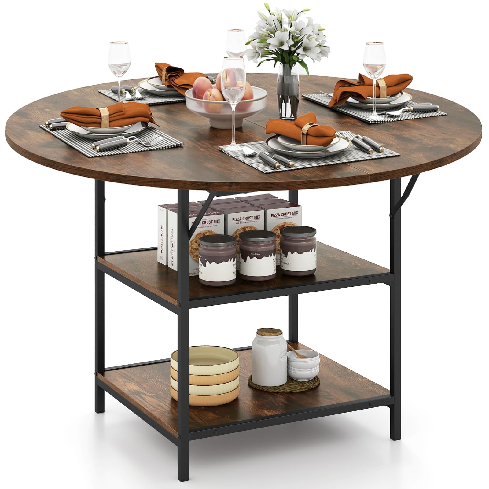 COSTWAY Dining Table for 4-6 People, Round Wooden Kitchen Tables with Storage Shelves, Metal Base & Adjustable Foot Pads, Circle Dinner Table for Home Dining Room (with 2 Shelves, Rustic Brown, 120cm)