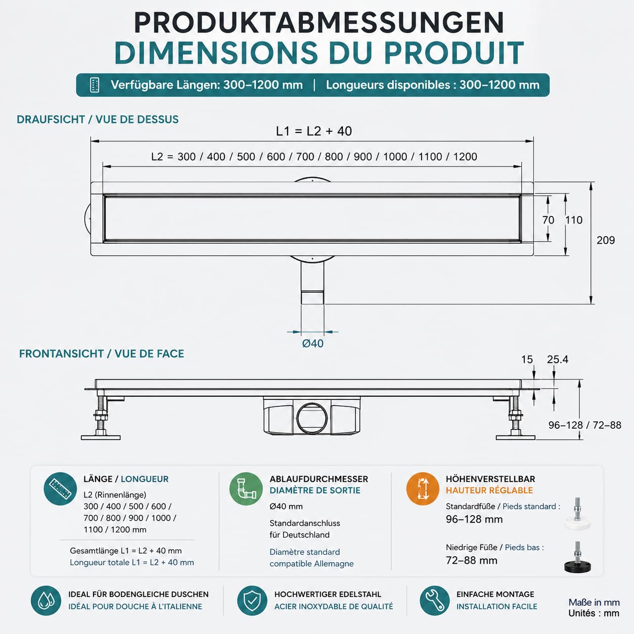 Duschrinne 80 cm Komplettset, Edelstahl 304 Ablaufrinne, 360° drehbarer Siphon, Extra Flache befliesbare Duschrinne mit Haarsieb – bodenebene Dusche 50-120cm