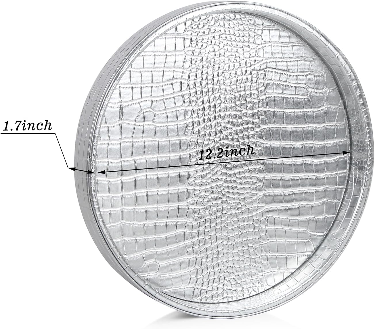 HofferRuffer Faux Leather Round Serving Tray, Vegan Croco Leather Decorative Tray, Food Tray for Storage Drinks, Snack & Cosmetics, Dia.12'' x 1.6'' (Silver) - Image 2