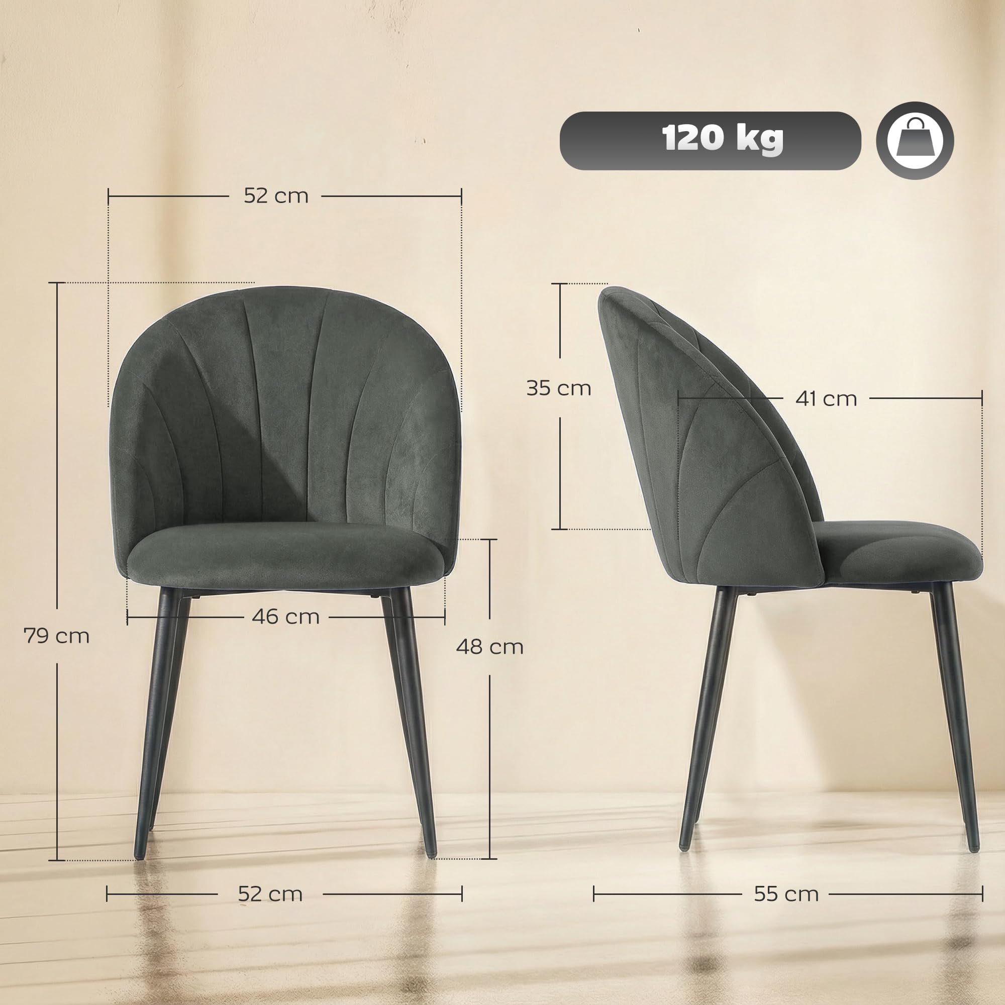 HOMCOM Set di 2 Sedie Sala da Pranzo in Velluto, Sedie Cucina con Schienale Curvo a Conchiglia, Gambe in Acciaio, Stile Nordico, Sedia Imbottita per Cucina, Camera da Letto, Soggiorno, Grigio
