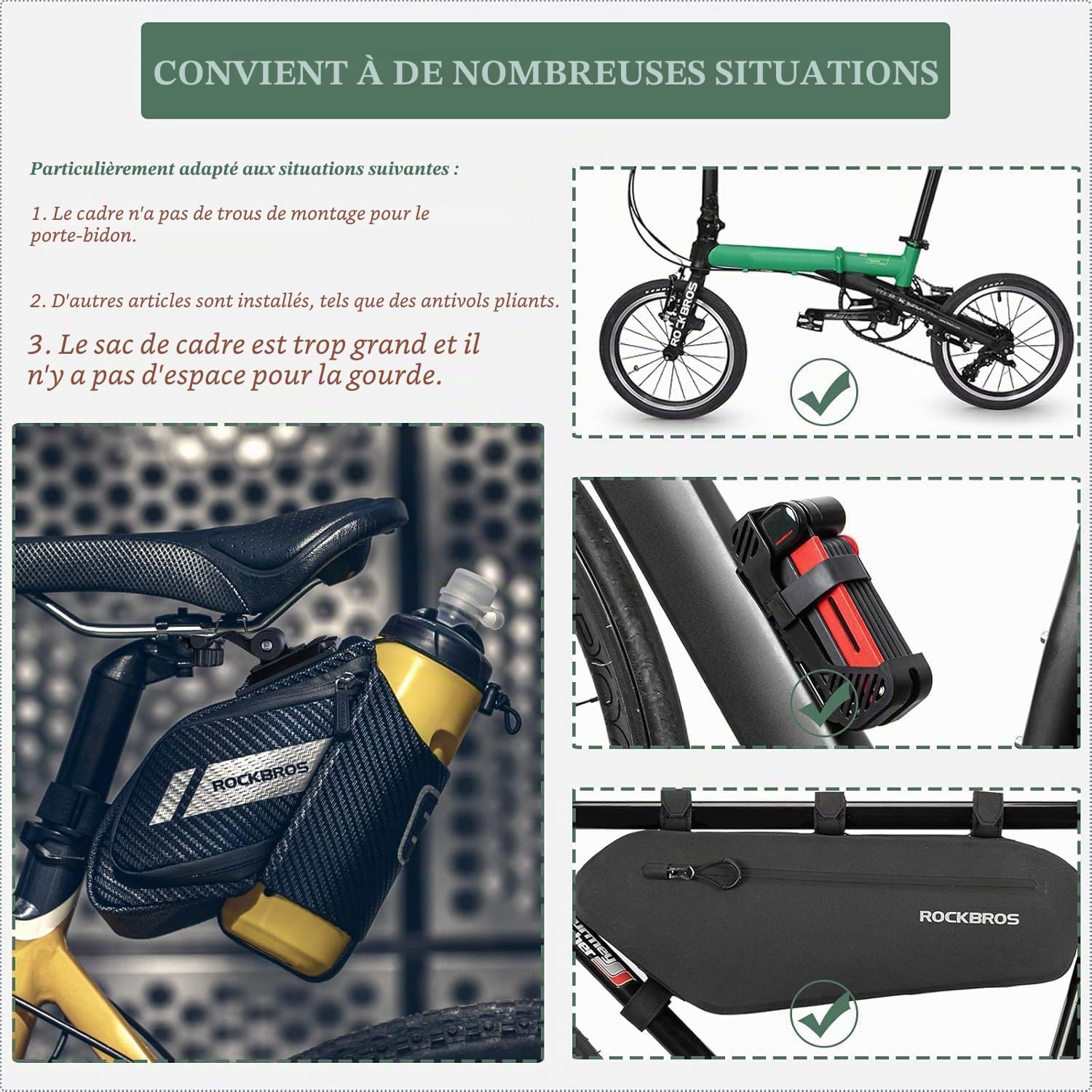 ROCKBROS Sacoche de Selle de Vélo 1L, Sac de Siège avec Porte-Bouteille, Réfléchissant pour VTT Vélo de Route Pliant Noir