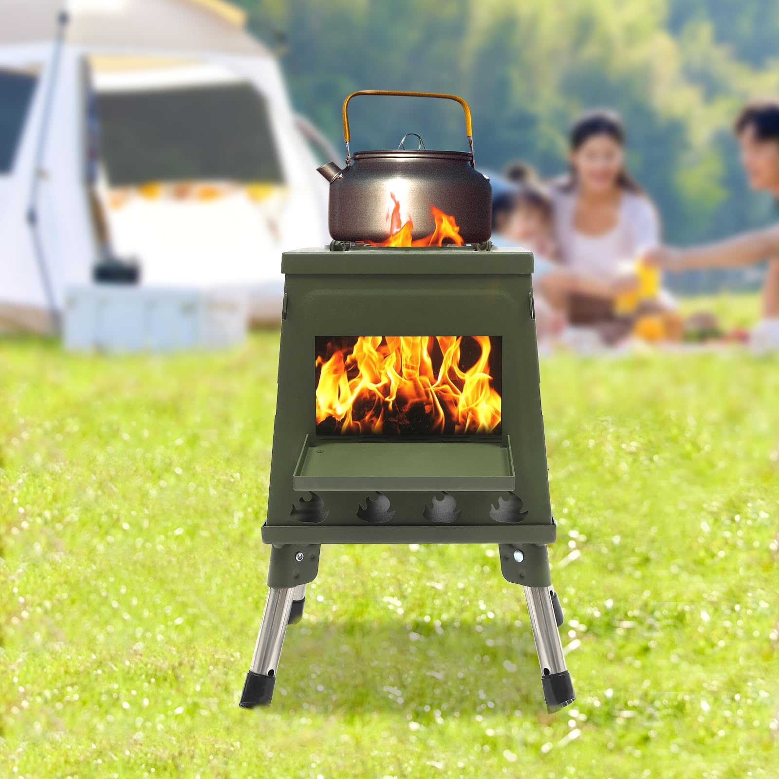 Campinggrill Edelstahl, Tragbarer Holzofen für Camping, Boden Stehend Gartenofen Zelt Ofen Outdoor, Zeltofen, Terrassenofen, für Camping, Rucksacktourismus, Eisfischen und Jagd