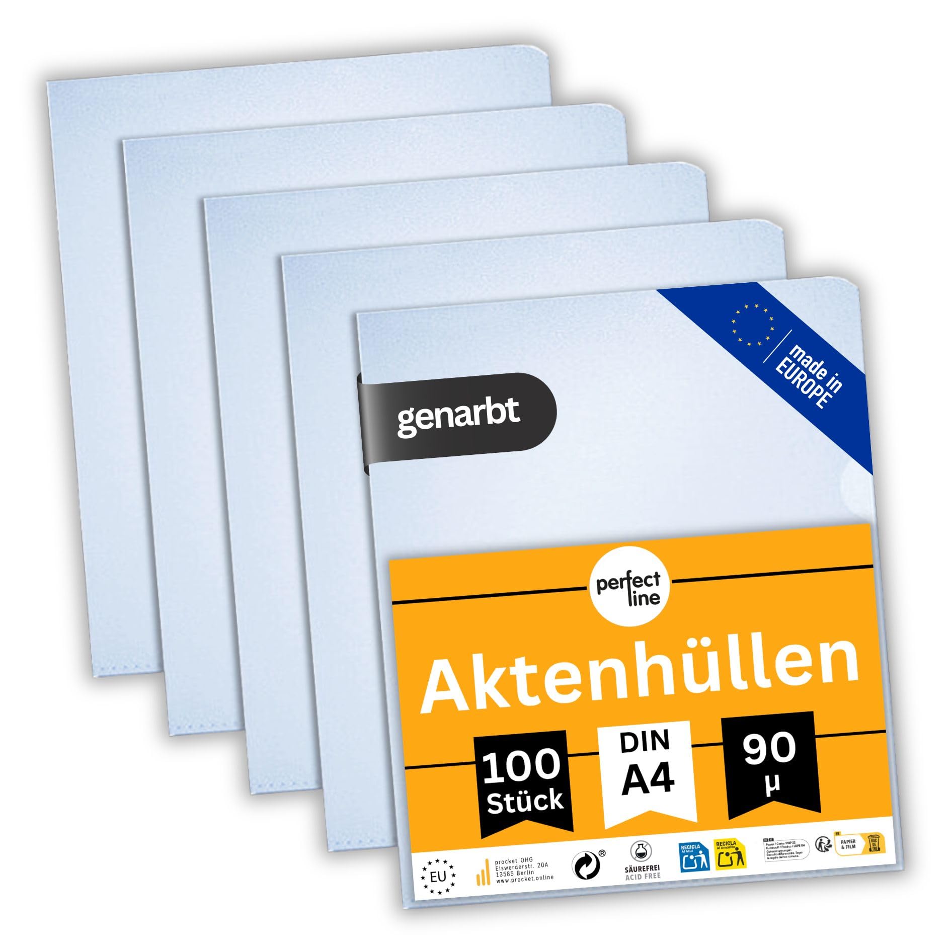 perfect line - 100 Aktenhüllen DIN-A4-90 my, transparent, genarbt - dünn, leicht & platzsparend - Top Qualität - dokumentenecht, säurefrei