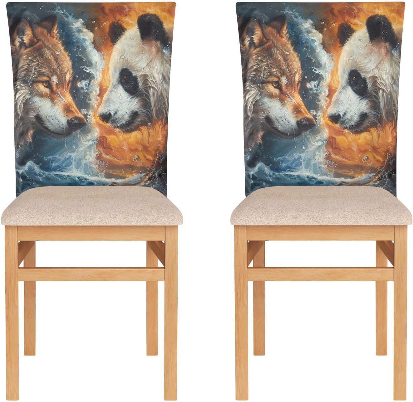 ALAZA Wolf and Panda Chair Back Cover Set of 6, Washable Reusable Removable Chair Slipcovers Decorative Chair Cover for Home Kitchen Wedding Party
