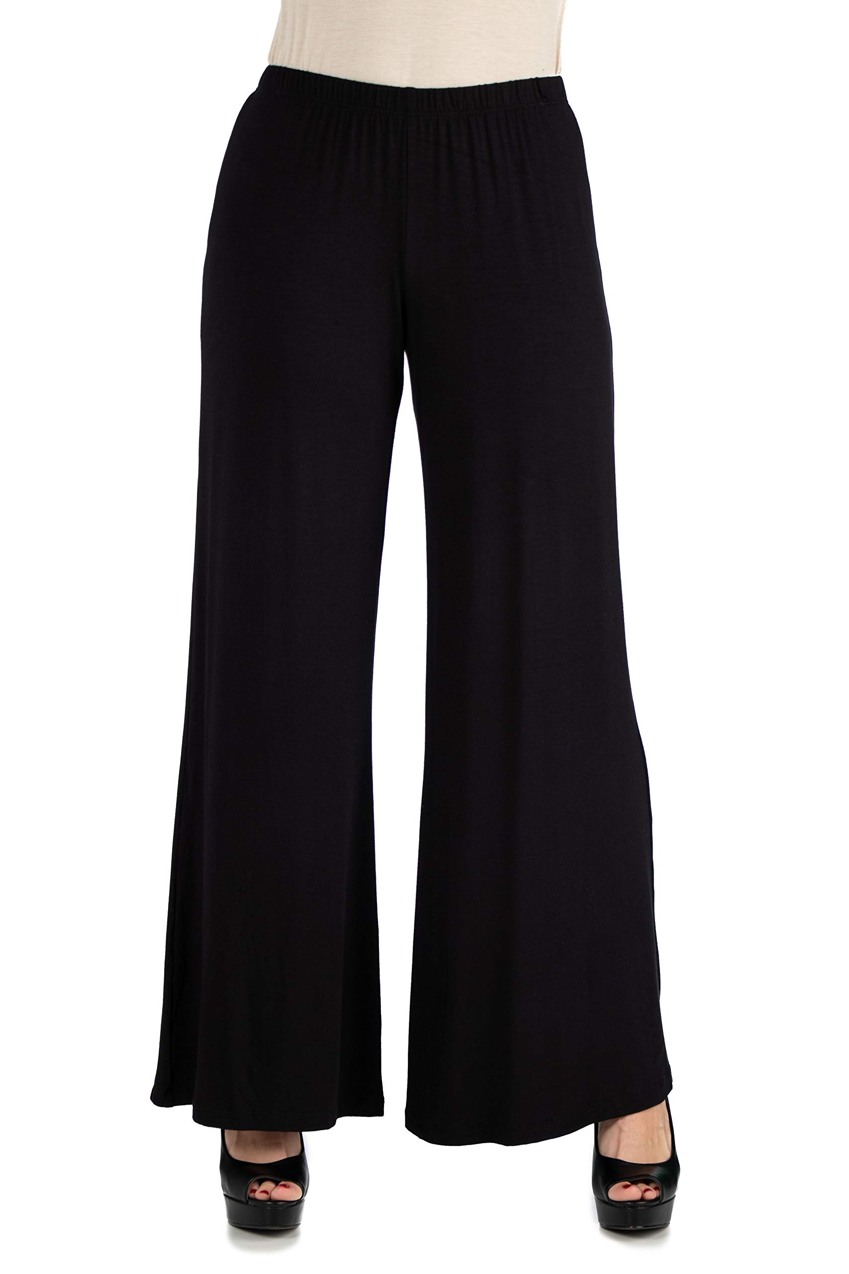 24seven Comfort Apparel Womens Stretch Elastic Waist Comfortable Solid Color Wide Leg Palazzo Pants -Small-3X