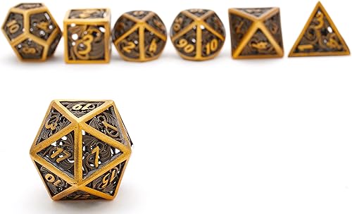 Miniatura 5 de Juego de dados de metal hueco DND, diseño de dragón, oro antiguo, juego de 7 piezas para juegos de mesa de Dungeons and Dragons RPG MTG, D&D