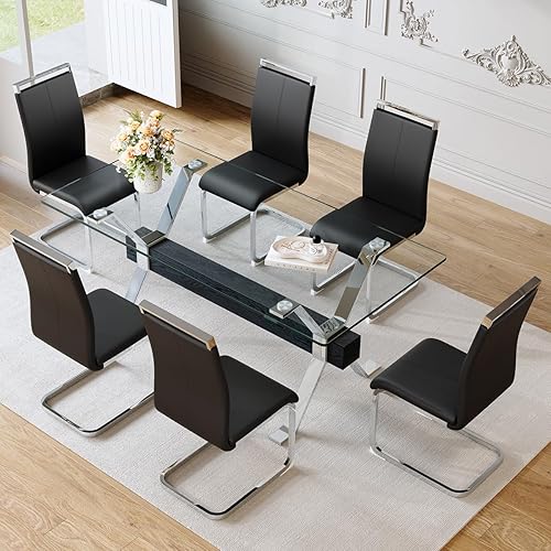 Miniatura 11 de Juego de mesa de comedor de cristal de 71 pulgadas para 6 personas | Juego de mesa de comedor moderno para 6 con sillas de piel sintética | Mesa de