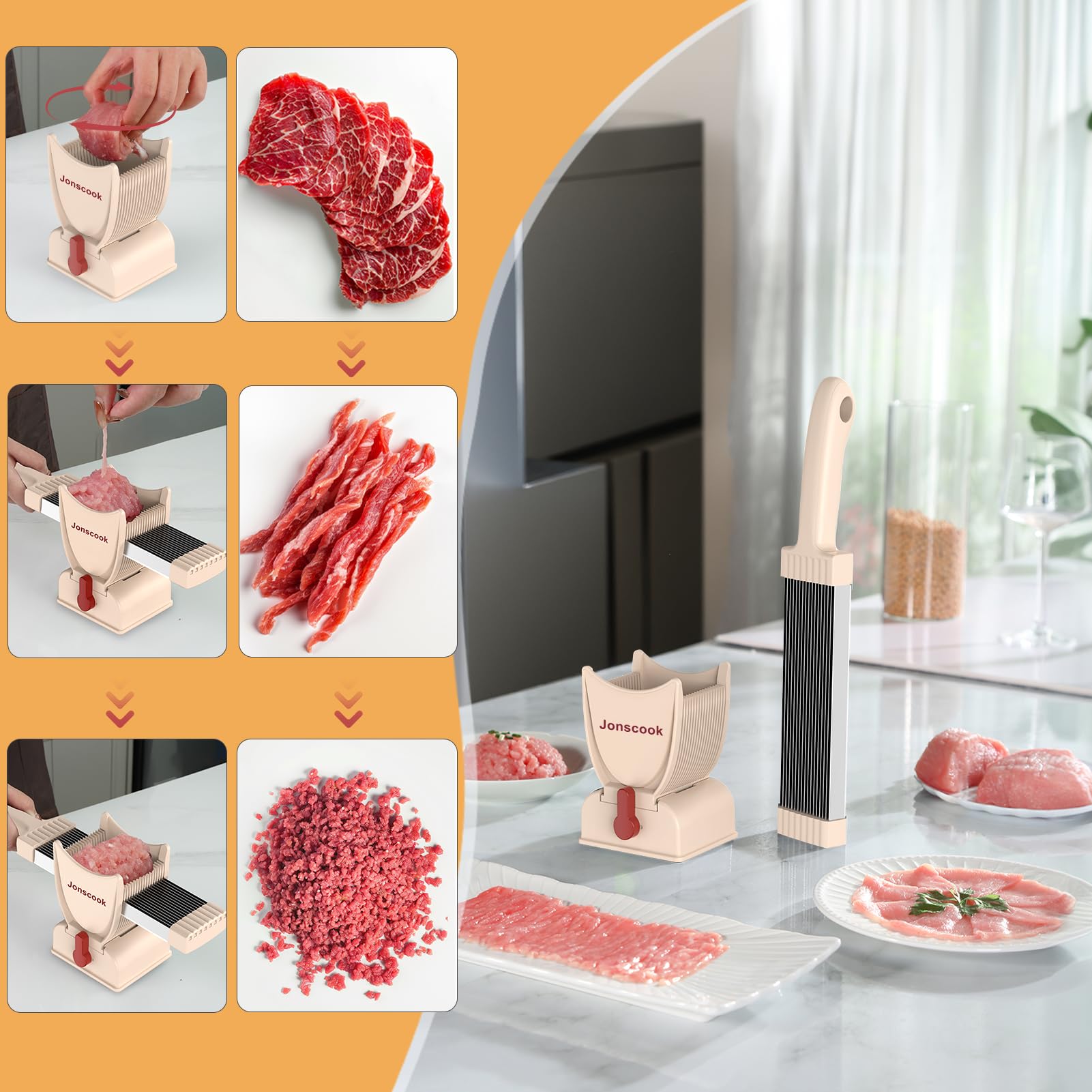 Frischfleischschneider, manueller Fleischschneider für frisches, rohes Fleisch, einstellbare Schnittstärke von 2 mm oder 4 mm, 17 Klingen für 18 Scheiben (rosa)