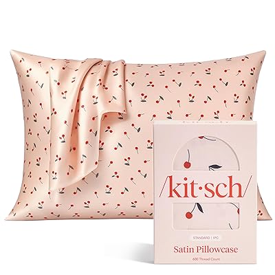 Kitsch Satin Pillowcase, Softer Than Silk Pillow Cases Queen, Cooling Pillow Covers, Satin Pillowcase w/Zipper for Hair, Skin & Quality Sleep, Wrinkle-Free & Smooth, Queen Size 19"x26", Cherry Print