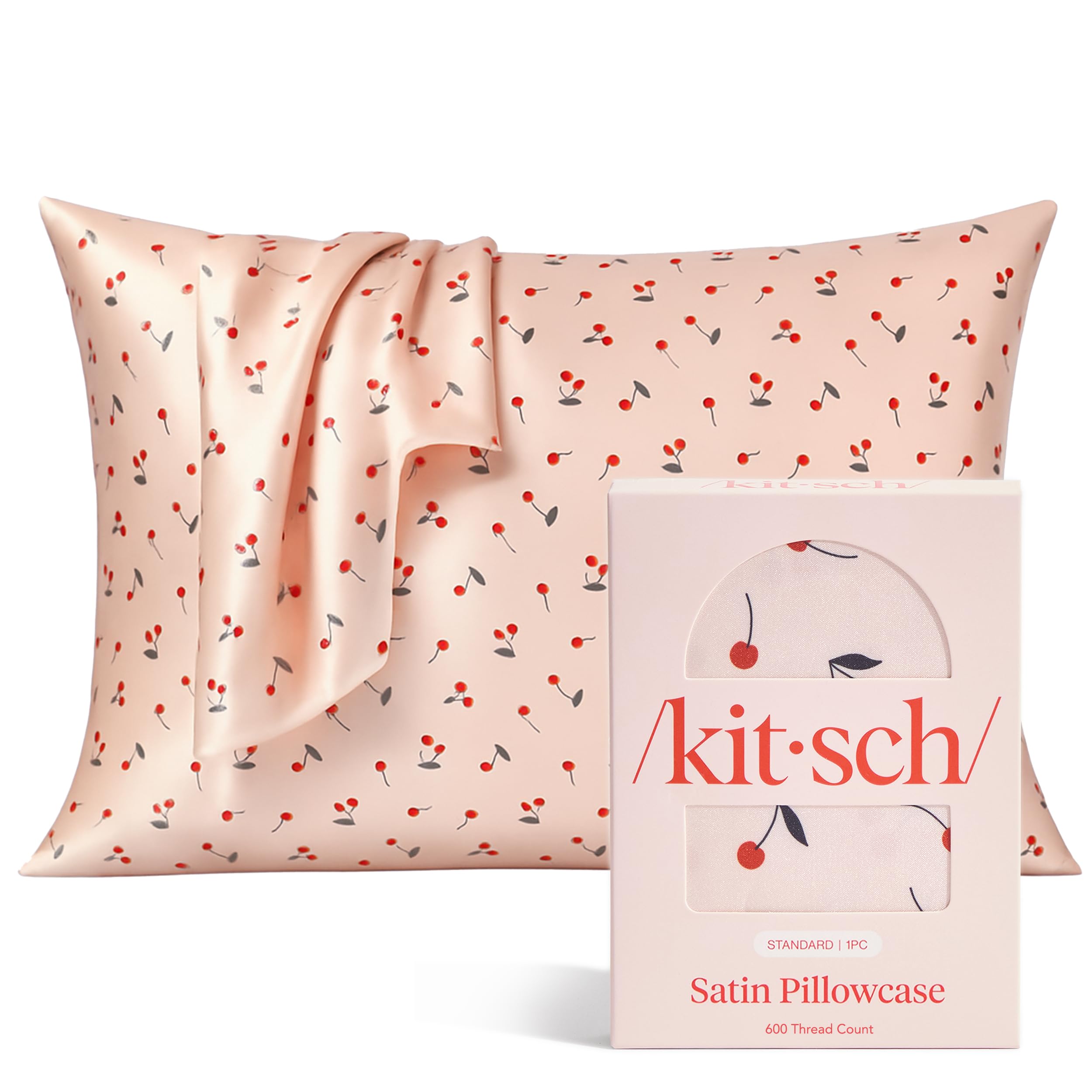 Kitsch Satin Pillowcase, Softer Than Silk Pillow Cases Queen, Cooling Pillow Covers, Satin Pillowcase w/Zipper for Hair, Skin & Quality Sleep, Wrinkle-Free & Smooth, Queen Size 19"x26", Cherry Print