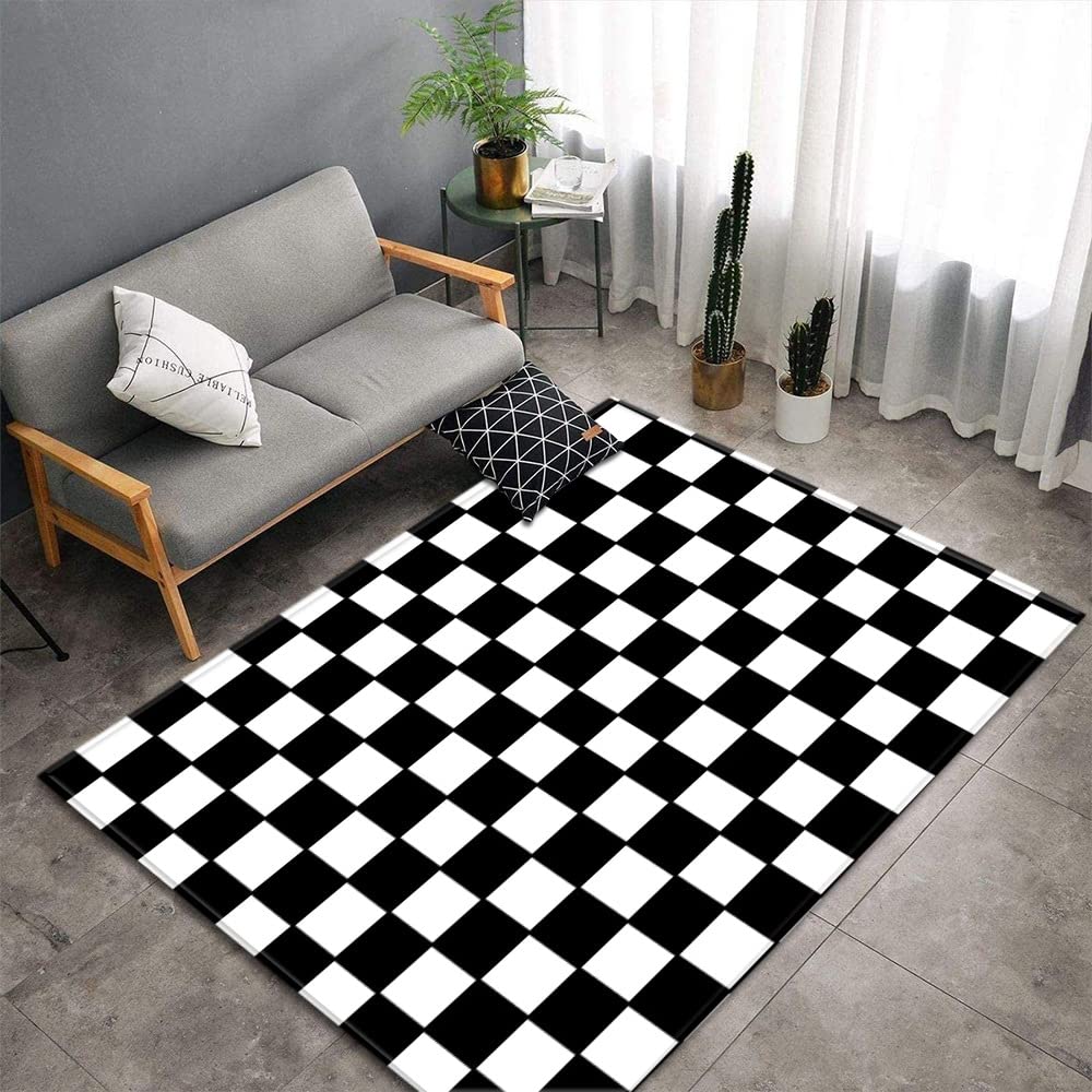 Tapis de couloir géométrique noir et blanc 80x120 cm lavable et antidérapant en polyester