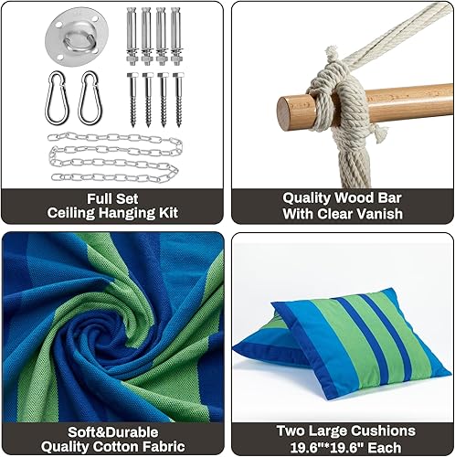 Miniatura 4 de Silla de columpio con kit de herrajes Chulim, incluye 2 cojines, silla colgante XL para interior y exterior, patio, jardín, peso máximo 330 libras -