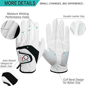 FINGER TEN Golf Gloves Men Left Right Hand 5 Pack | Soft Grip Comfortable, Breathable Flexible Natural Fit, All Weather Durable Palm Grip, Sizes S M ML L XL XXL 3XL