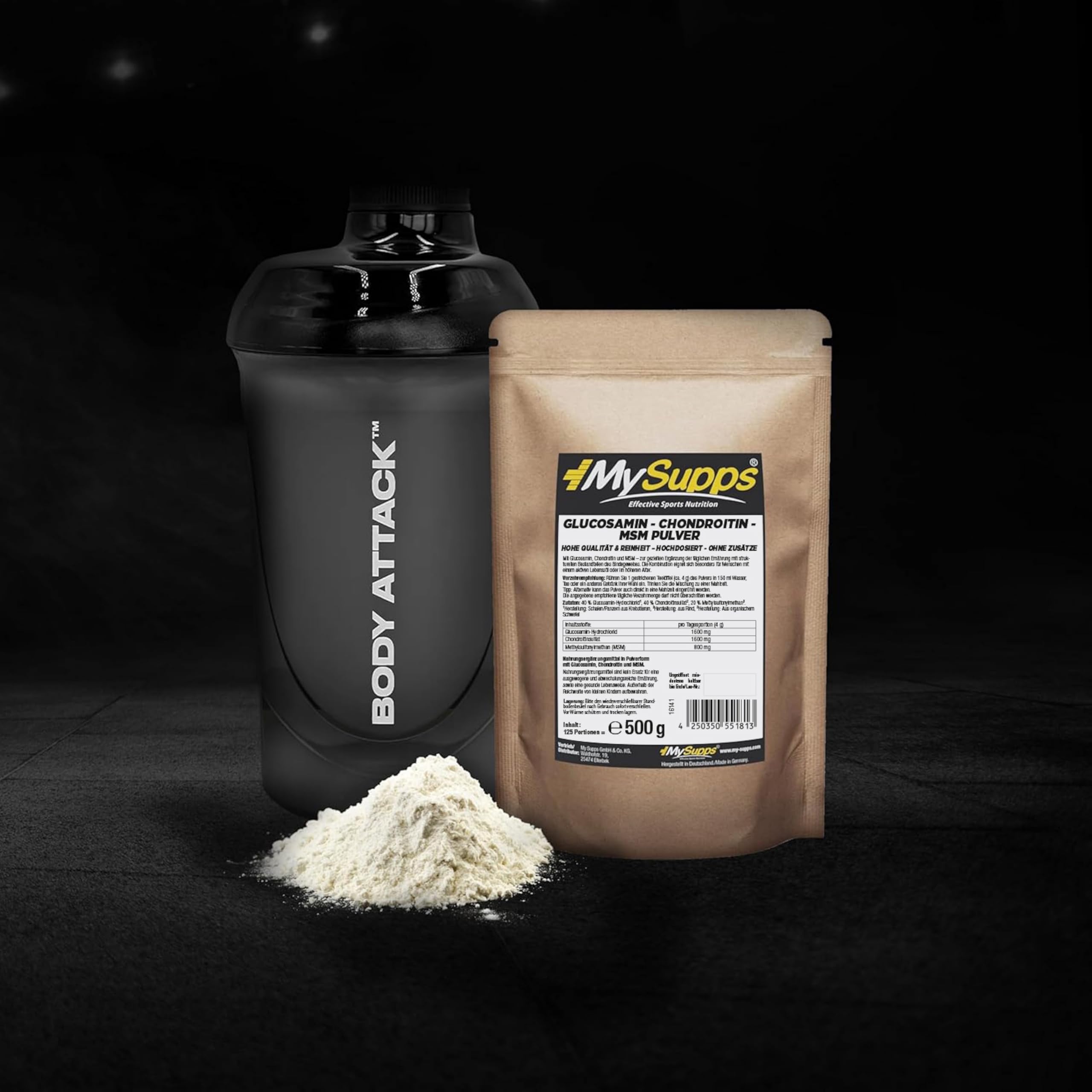 My Supps Glucosamin Chondroitin MSM Komplex l 500g Pulver hochdosiert für 4 Monate | 40% Glucosamin, 40% Chondroitinsulfat, 20% MSM | Neutral & gut löslich | Ohne Zusätze | Made in Germany