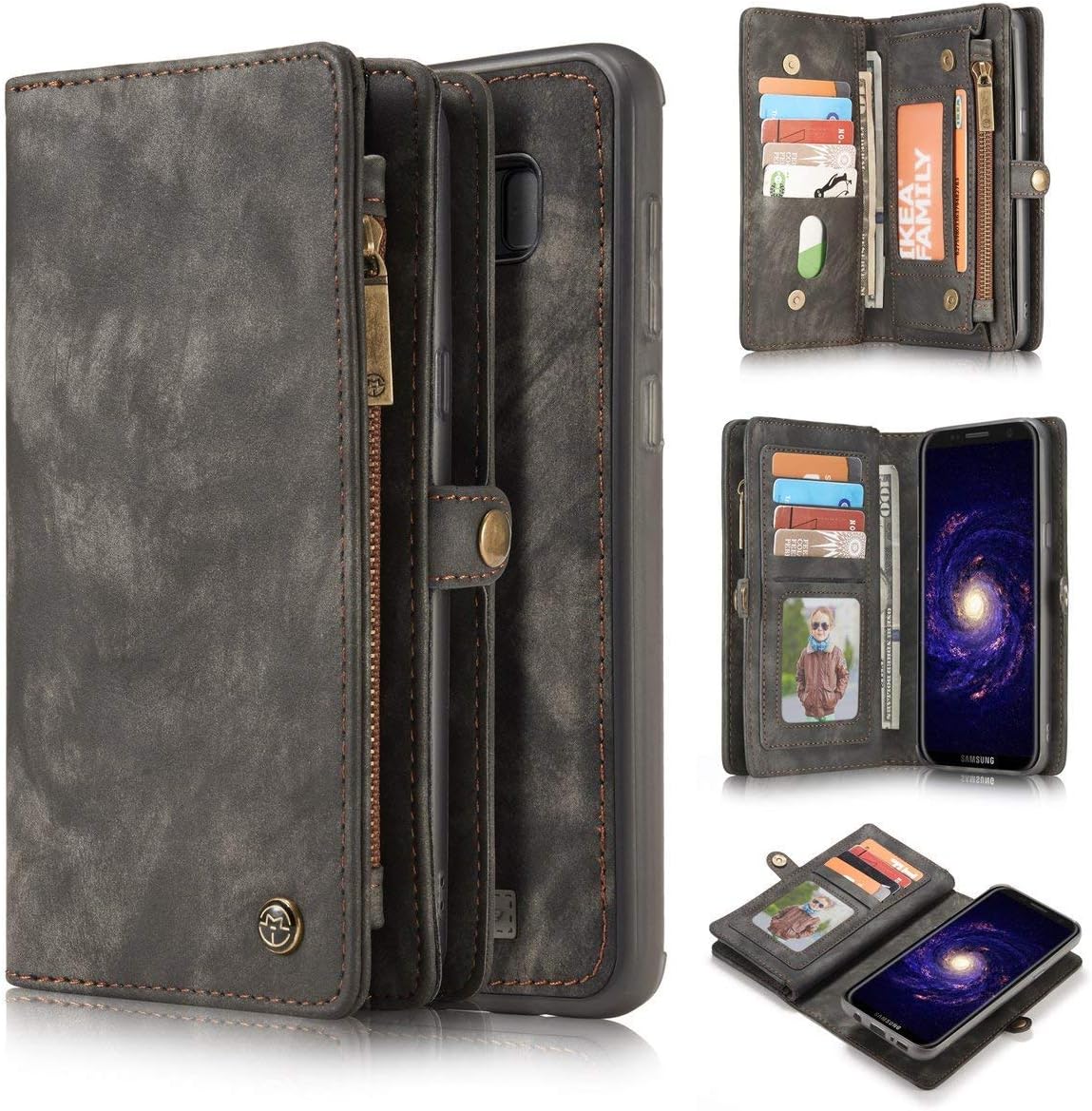 KONKY Caseme Samsung Galaxy S8 Wallet Case, Magnetic Detachable Removable Phone Cover Pouch Folio Durable Leather Purse Flip Card Pockets Holder Bag Smooth Zipper - Black