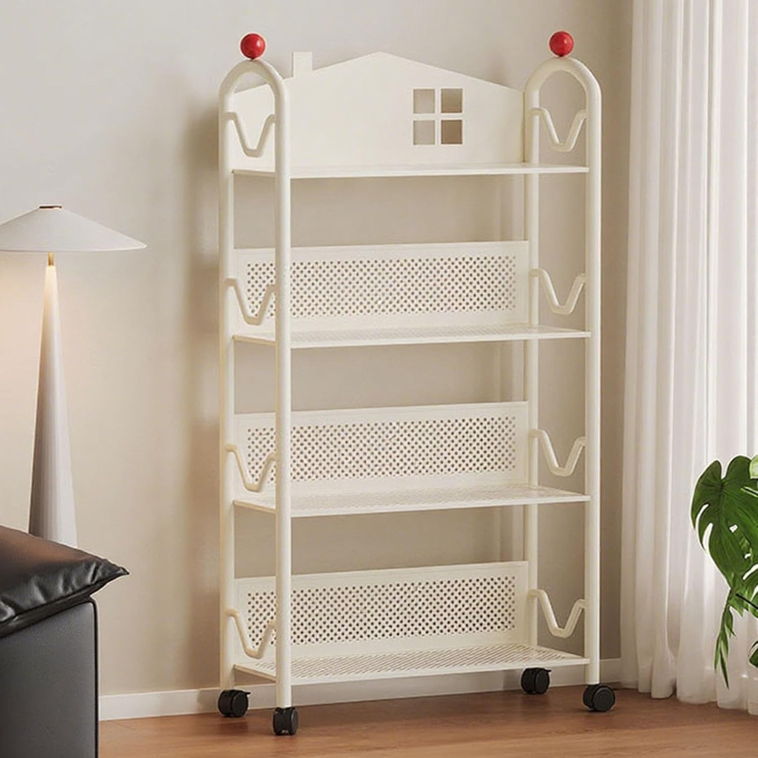 Metal Book Cart with Wheels，3 4 Tier Rolling Library cart，Rolling Cart Organizer for Study Office Kitchen Classroom(White,4Tier)