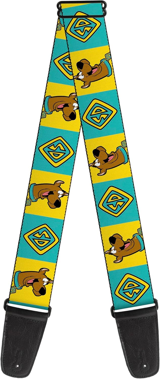 Scooby Doo Guitar Strap, Scooby Doo Pose And Dog Tag Blocks Yellow/Blue, 2 Inches Wide