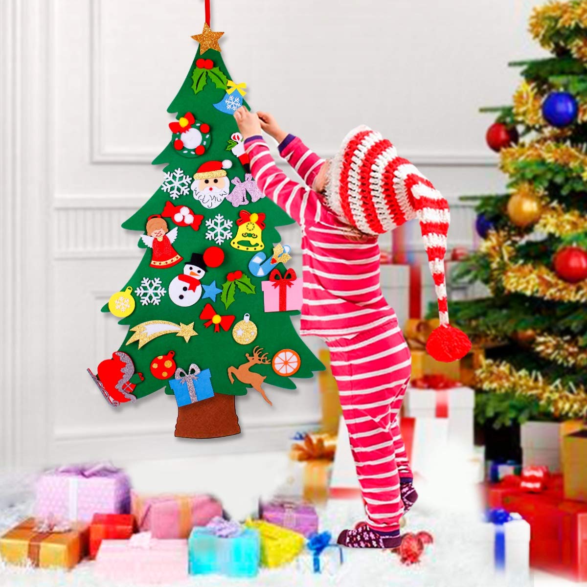 Sapin De Noël En Feutre – 40 Ornements à Accrocher Avec Scratch – Lumière LED Incluse