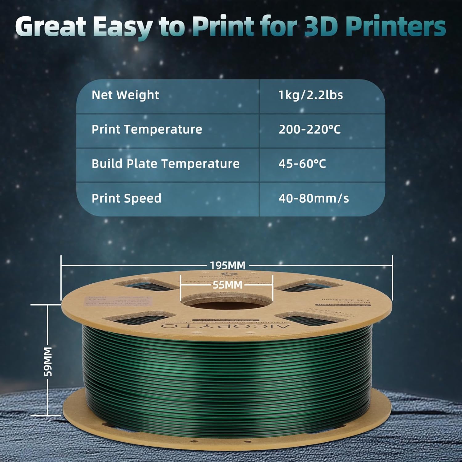 Dual Color Silk PLA 3D Printer Filament 1.75mm,Dual Color 2-in-1 Green-Black Silk Filament 1KG Spool (2.2lbs) Dimensional Accuracy Probability +/- 0.02mm Fit Most FDM 3D Printers, Black-Green - Image 3