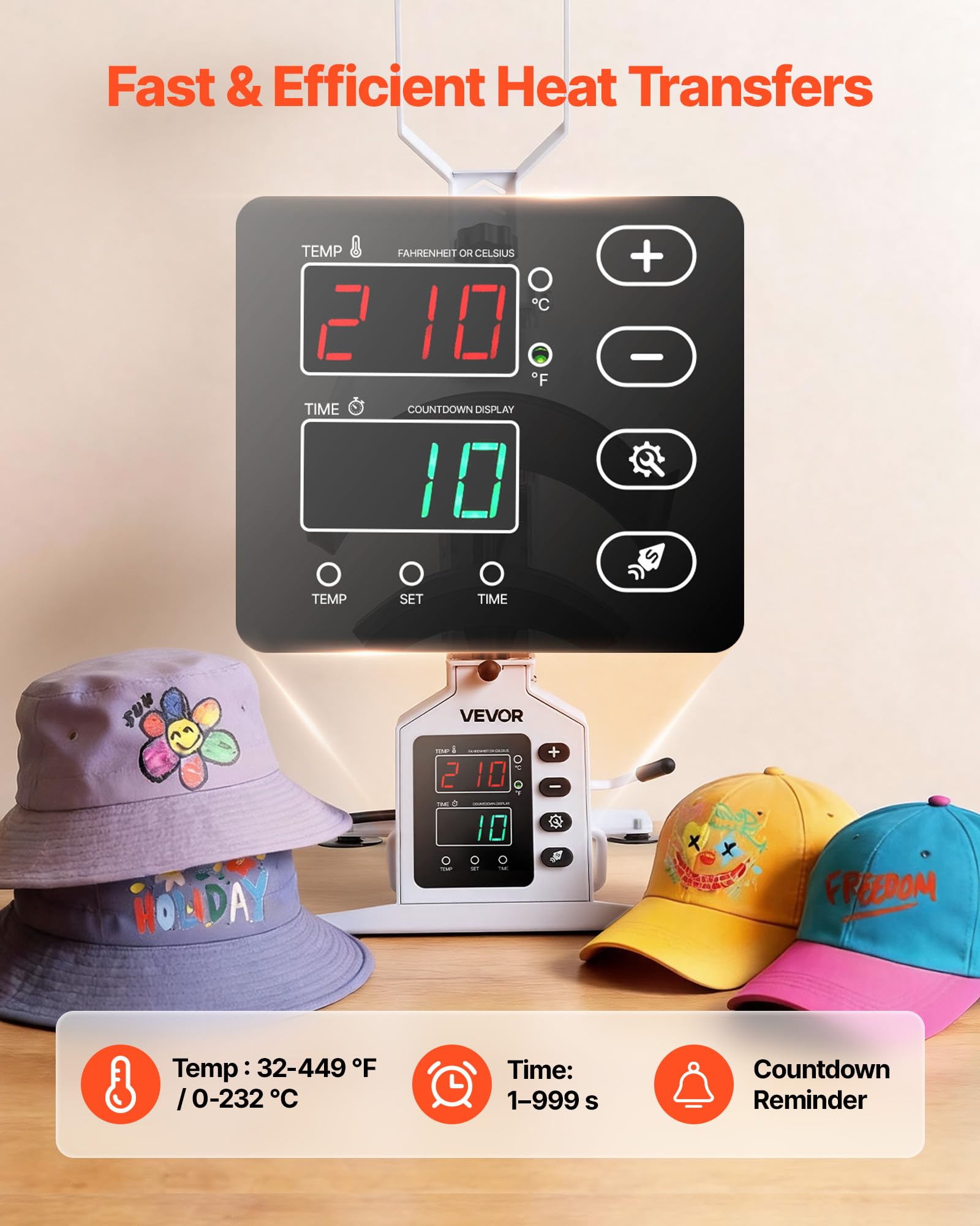 VEVOR Pressa a Caldo per Cappelli, Pressa per Trasferimento Termico di Cappelli 580 W Fai-da-Te Piastra Riscaldante 215 x 100 mm per Pressa Termica, Macchina per Pressatura Caldo Controllo LED