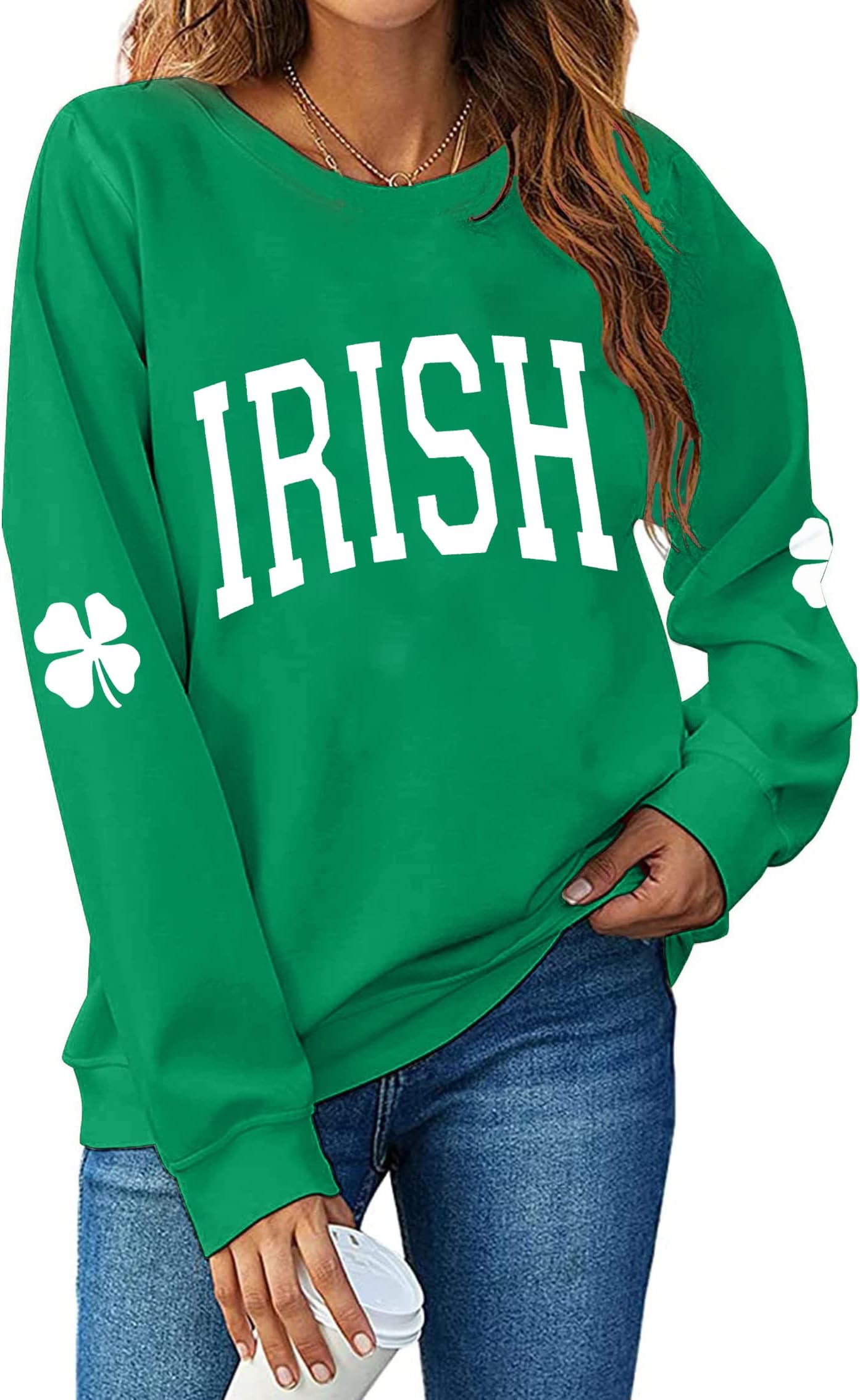 TAOHONG Women St. Patrick's Day Sweatshirts Shamrock Shirt Clover Printed Long Sleeve Irish Gift Casual Loose Fit Tops