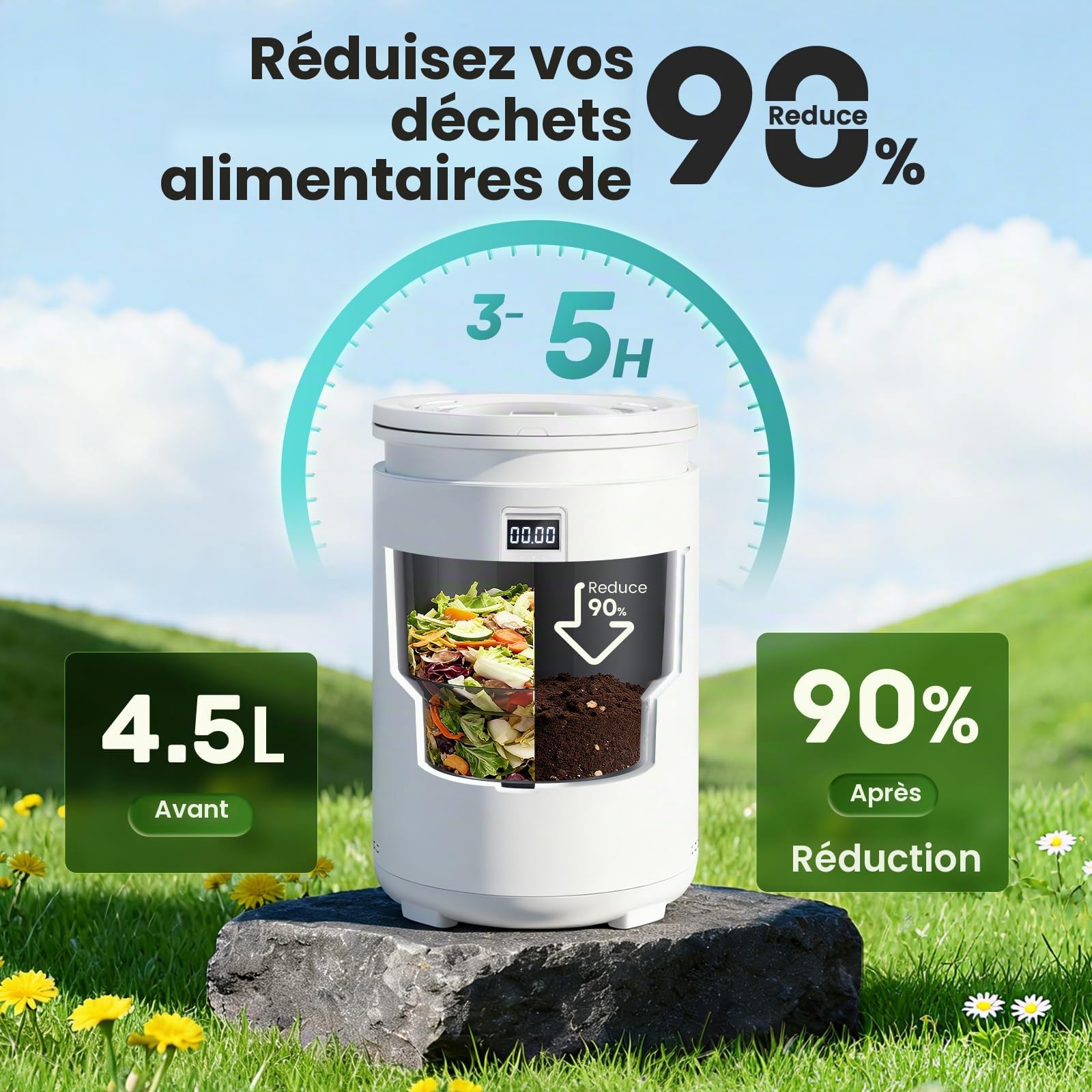 Huanyu Composteur électrique pour Cuisine 4,5 L Composteur électrique pour Cuisine Recycleur Alimentaire d'intérieur sans Odeur avec Fonction de Nettoyage Automatique Faible Niveau sonore