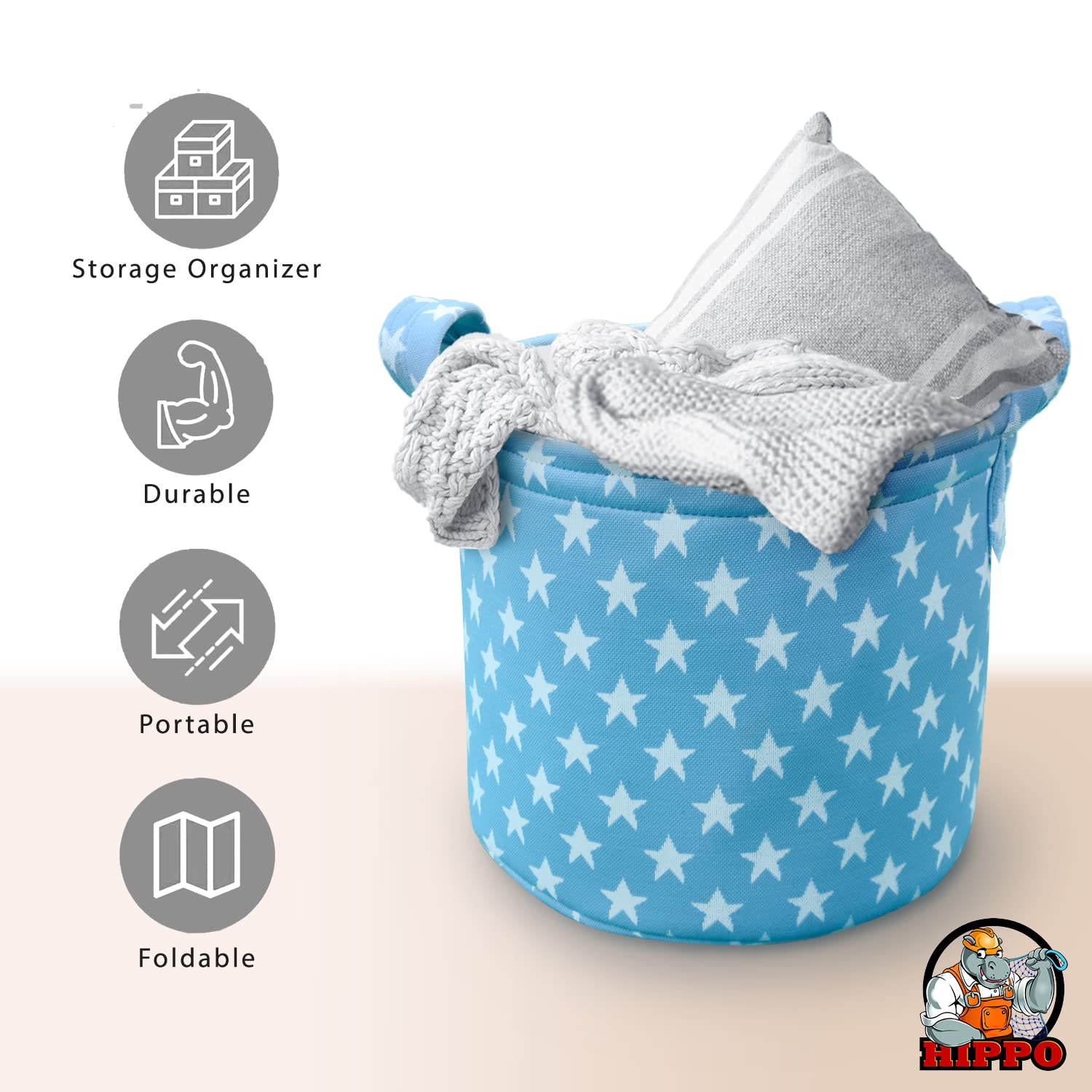 HIPPO Designer Non-woven Polyester Cute Baby Toy Bin for Smart Mothers Unbreakable Toy Storage Basket For Babies Laundry Basket Cloth Storage Bin (Blue-Star, Pack of 1) 1