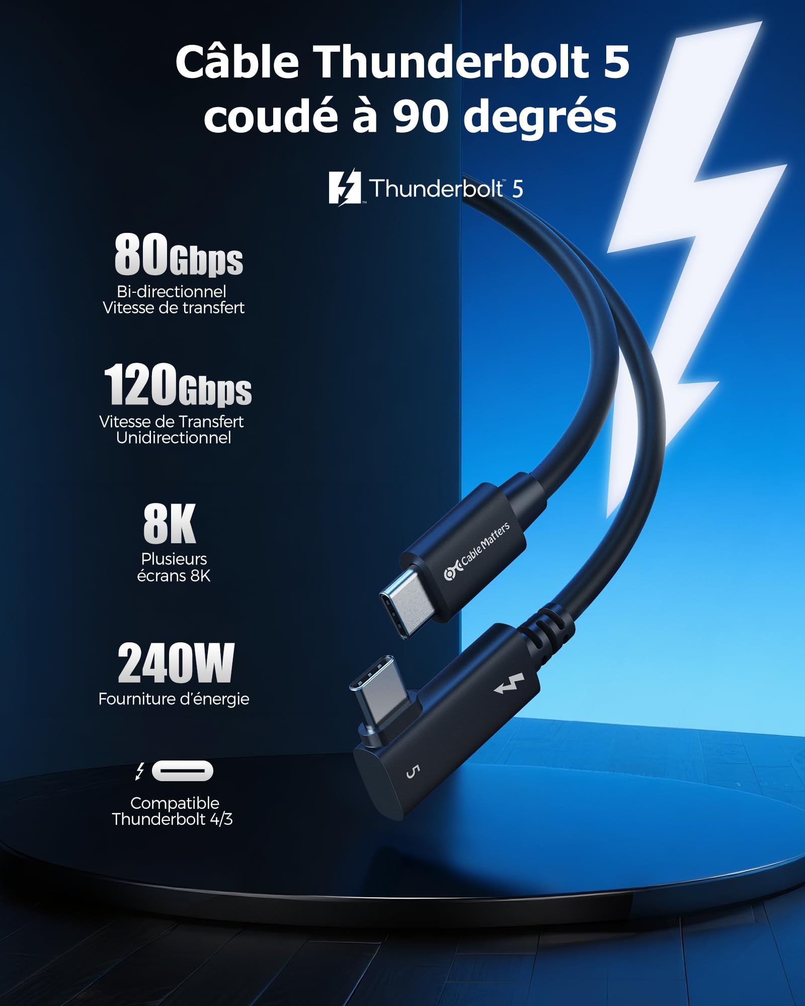 Cable Matters [Certifié Intel Câble Thunderbolt 5 à angle droit 80G avec augmentation de la bande passante jusqu'à 120G et charge de 240 W - 0,8 m, compatible avec Thunderbolt 4, USB4 et USB C, noir