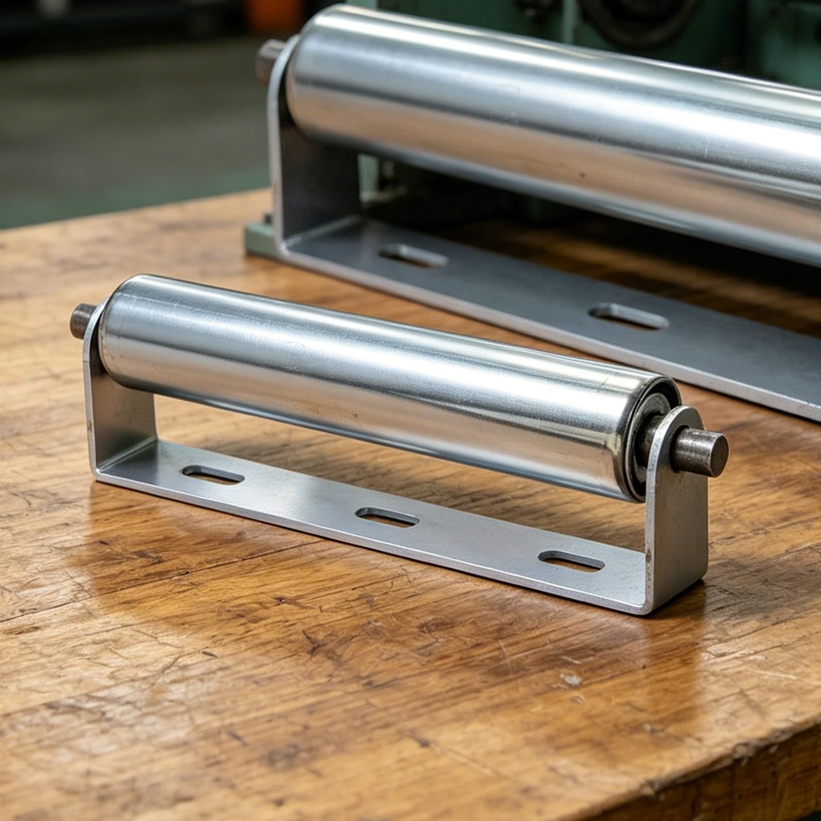 2 Stück Industrieller Antriebsloser Stahl Umlenkrolle mit Halterung und Edelstahl Lagerrollen Baugruppe Maße 30x8,5x1,2cm Silber für Fördersysteme und Materialtransport
