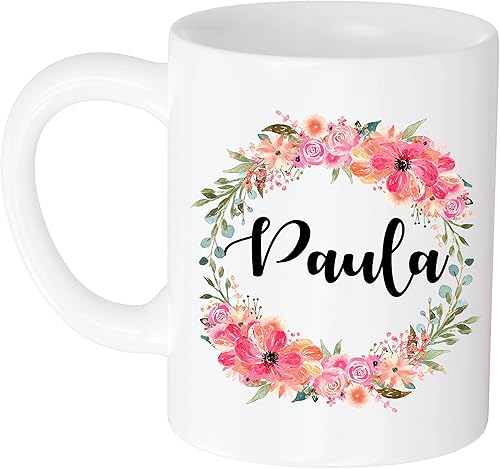 Taza de café personalizada Regalo para mujeres, nombre personalizado Paula Flower and Name 11oz taza blanca 892751