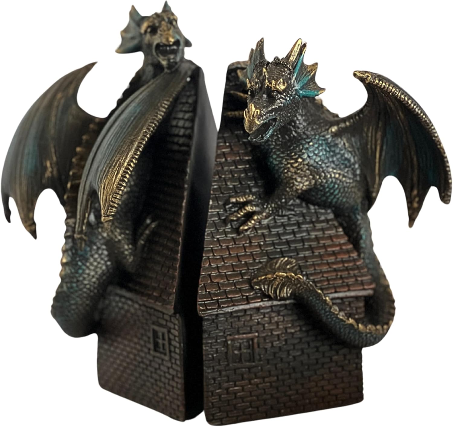 Bellaa 28670 Decorative Bookend Dragon Bookshelves Decor Heavy Duty Non Skid Vintage Antiques Classic European Medieval Aesthetic Winged Guardian Protect Prosper Peace