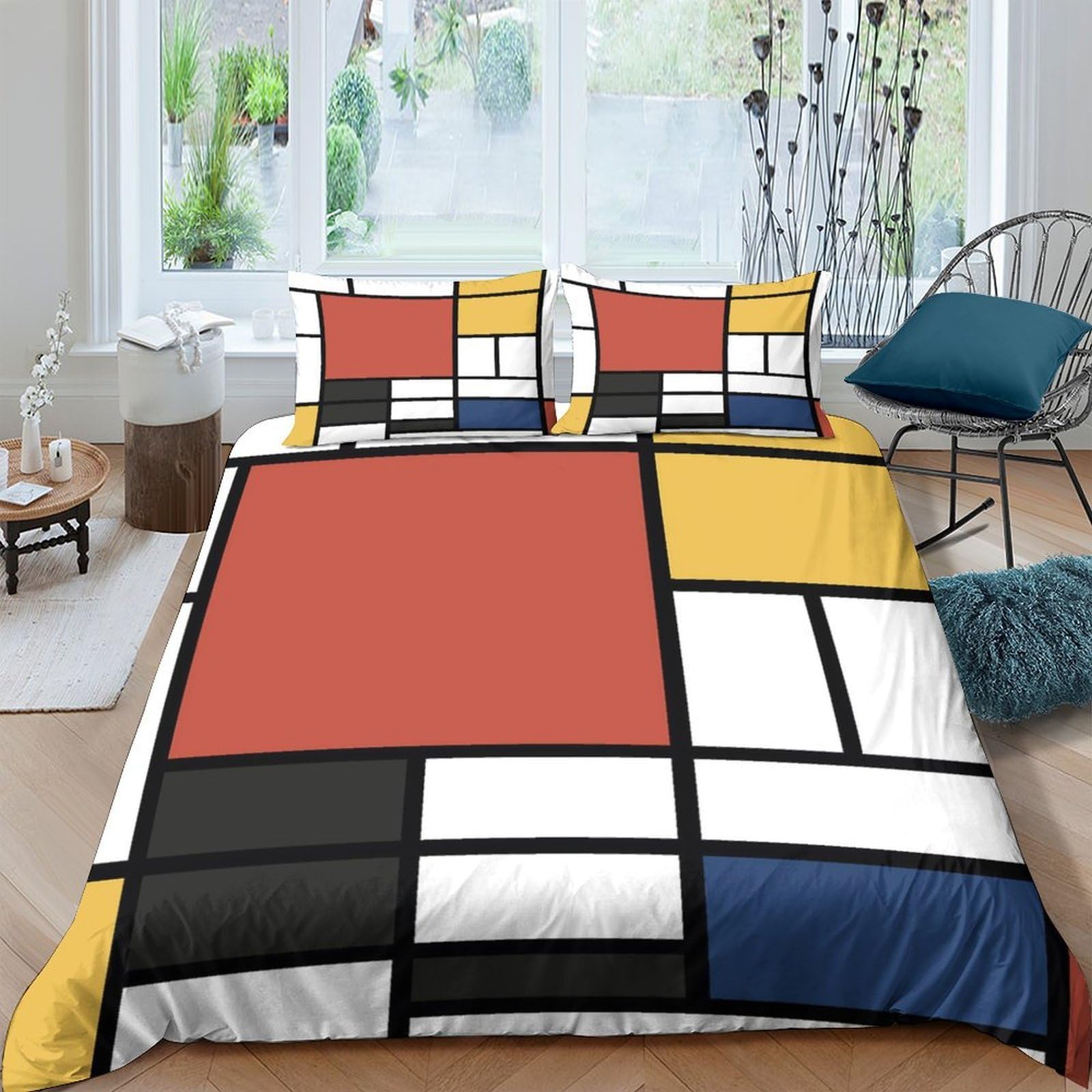 Ctjqhvkz Style-3 3D Printed Mondrian Style Fitted Sheet Microfiber Soft Abstract Geometric Bed Sheet Modern Bedroom Decor Mattress Cover Single（135X200cm）