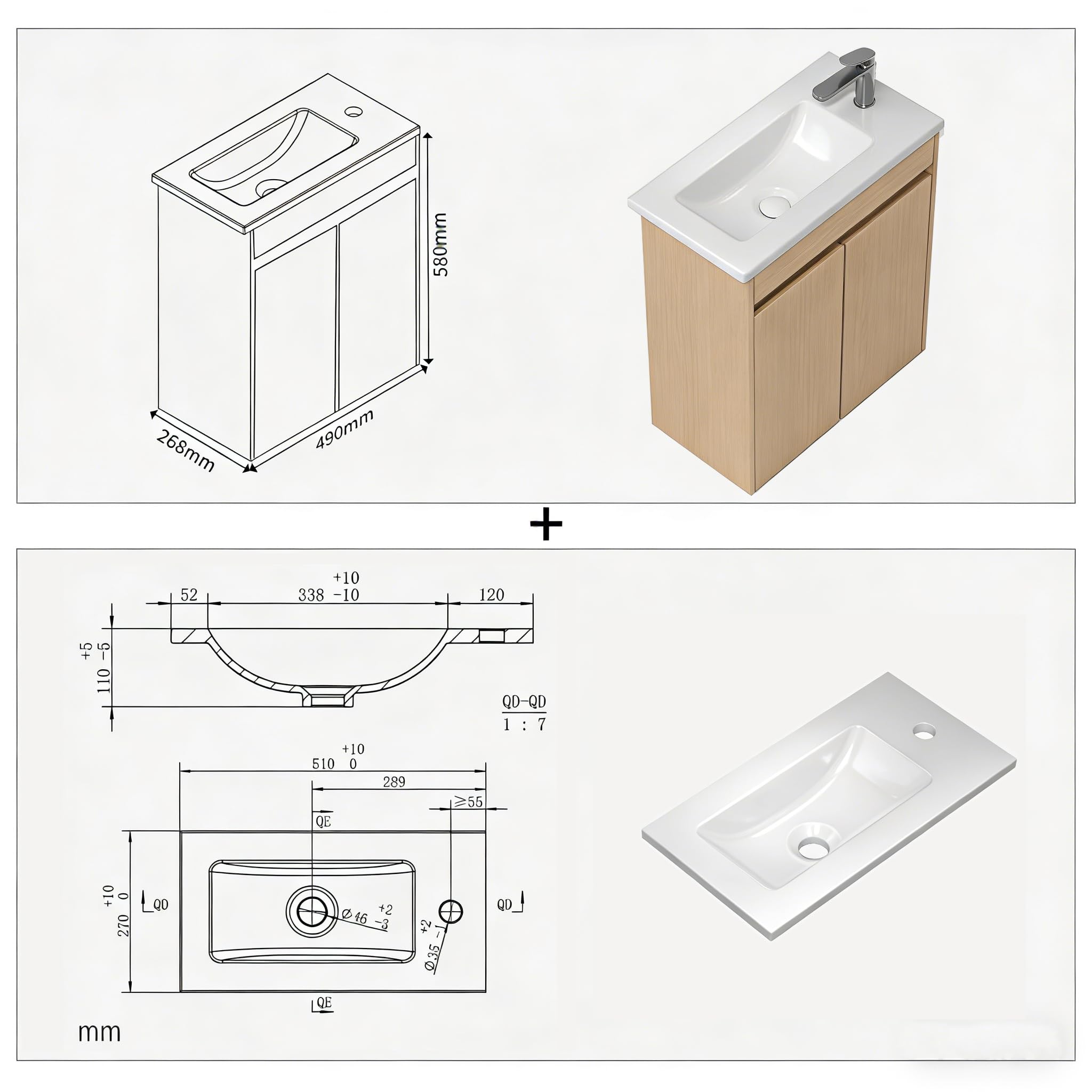 NUESTRA VIDA Mueble de Baño Pequeño Compact Suspendido 51×27×60 cm, Lavabo con Mueble bajo Lavabo en Roble/Blanco, Conjunto de Mueble de baño, para Invitados, Sin Grifo