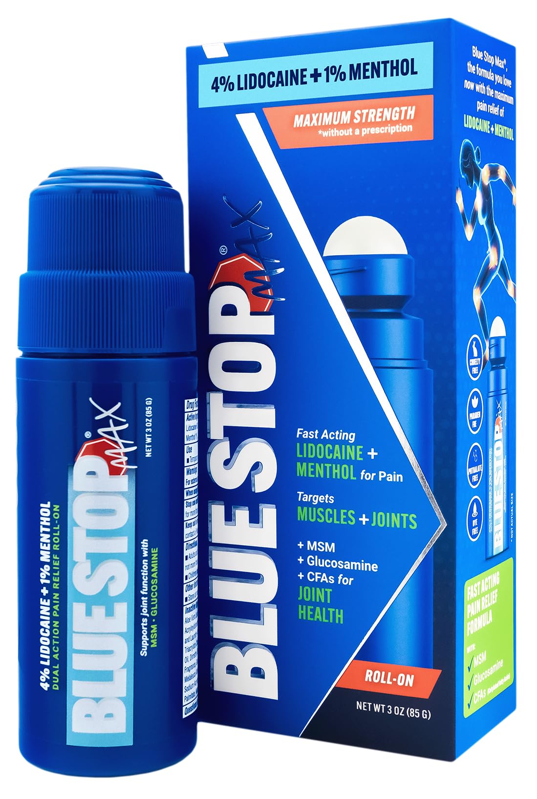 Blue Stop Max Lidocaine Roll On Maximum Strength- 4% Lidocaine with 1% Menthol for Knee Relief, Neck Relief, & Lower Back Relief, Nerve Pain - MSM, Glucosamine Formula for Joint Health