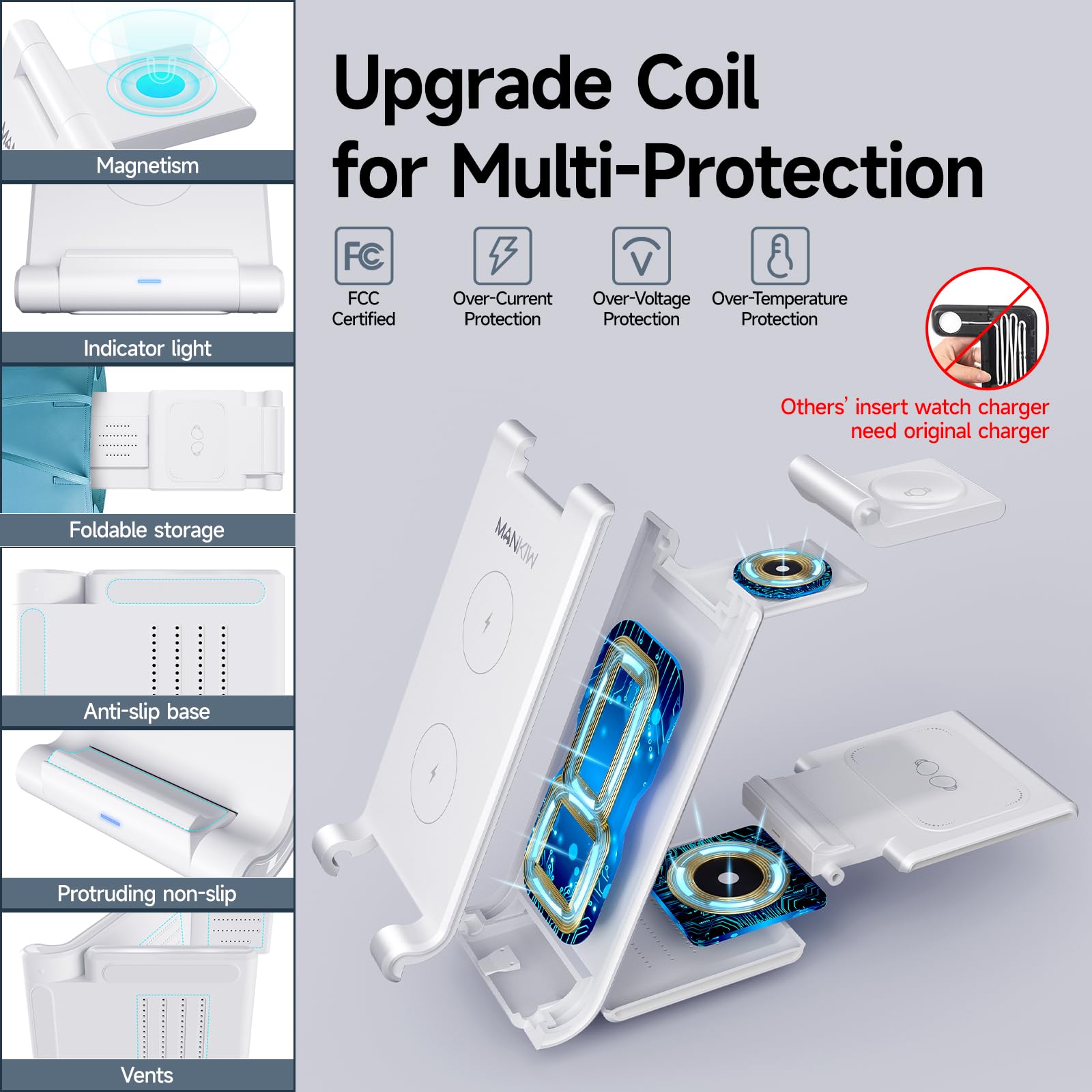 MANKIW Station de charge sans fil pliable 3 en 1 pour Galaxy S23 S22 S20 Ultra Z Flip Fold 5/4/3Galaxy Watch 6/5/4/3Buds-Blanc