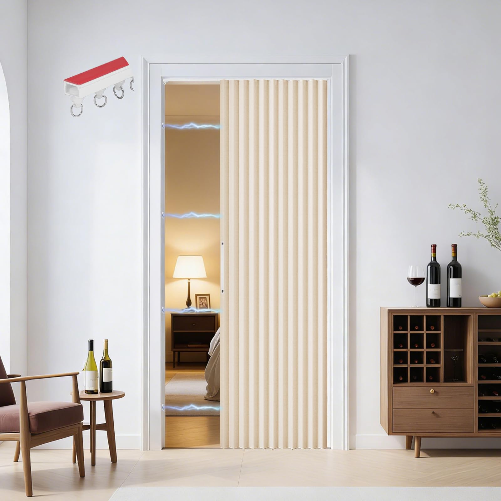 Cortina magnética para puerta, 100 % opaca, puerta de acordeón con cierre magnético, montaje adhesivo sin taladrar, incluye capa adhesiva, aspecto de lino, plegable (beige)