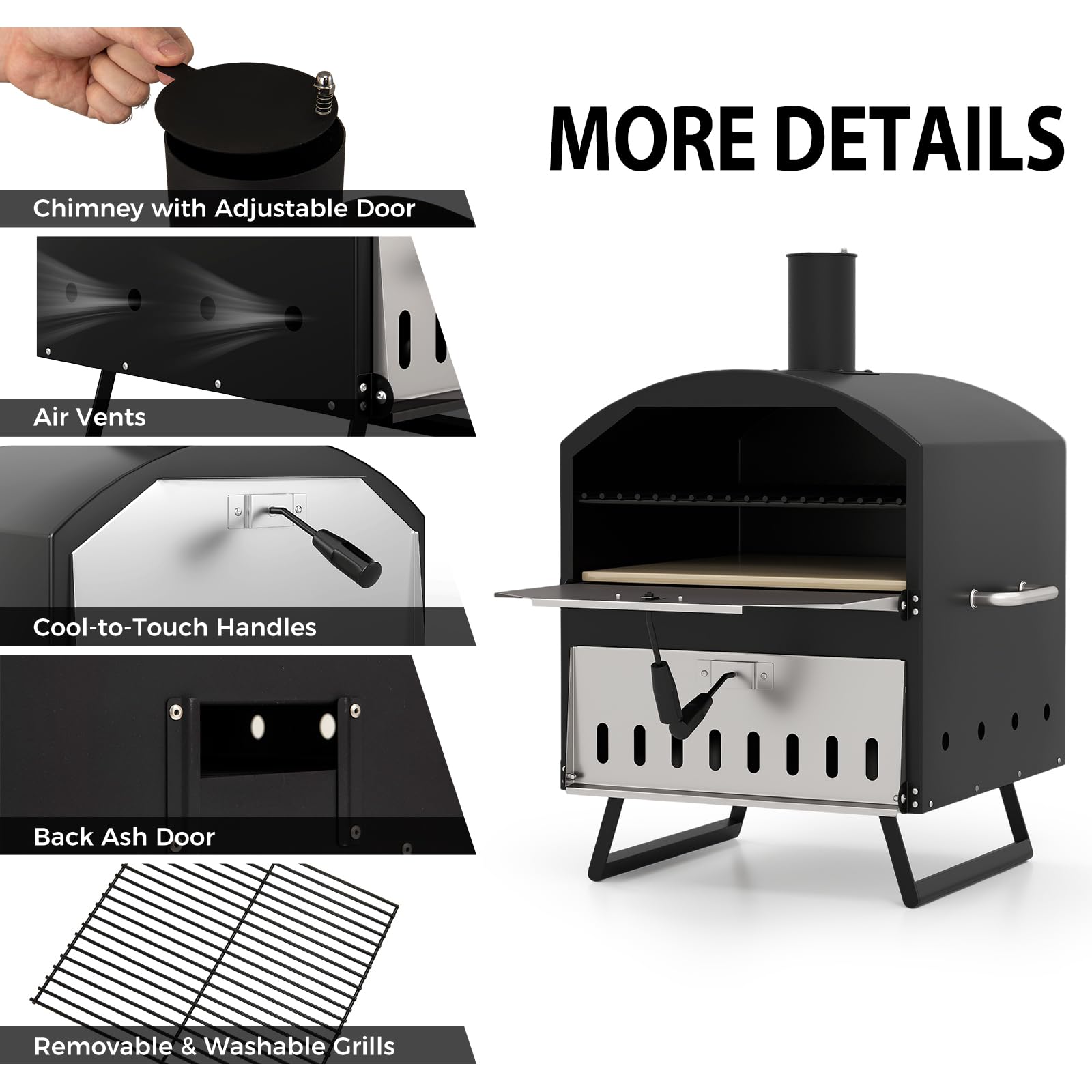 KOMFOTTEU Forno per Pizza da Esterno con 2 Strati, Griglia in Legno Portatile con Copertura Protettiva, Pietra per Pizza, Pala per Pizze, Griglia, Forno per Pizze per BBQ, Campeggio, Festa, Nero
