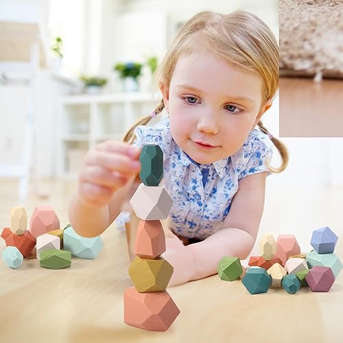 Miniatura 4 de Jenaai 60 piezas de juguetes Montessori de rocas apilables para niños de 1 año de edad, piedras de equilibrio de madera coloridas para bebé, cesta
