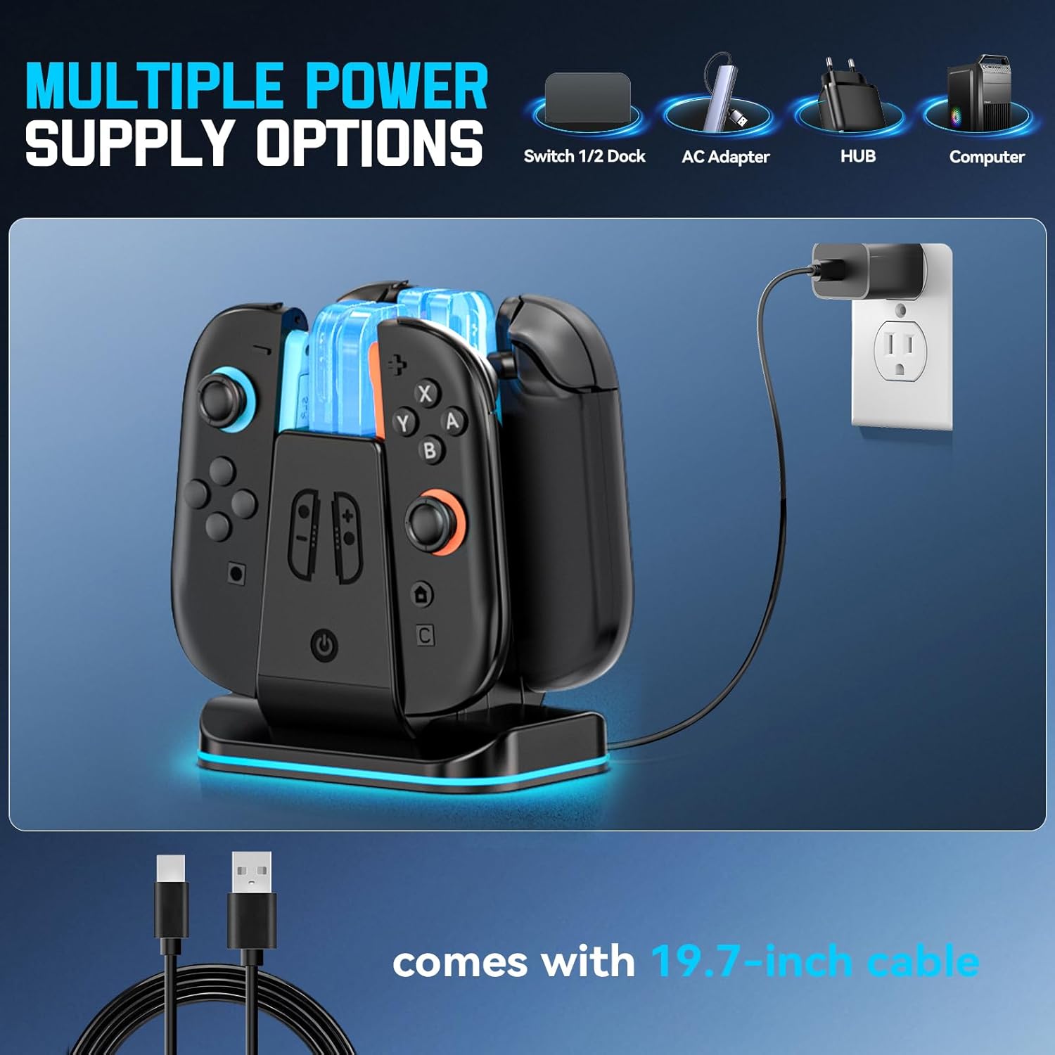 Switch 2 & 1 Controller Charger, 2-in-1 Charging Dock for Nintendo Switch 2025 / OLED/Original Joycons, Fast Charger Station with 9 RGB Modes, for Joy-Con 2/1 Accessories, for Nintendo 64 Console - Image 4