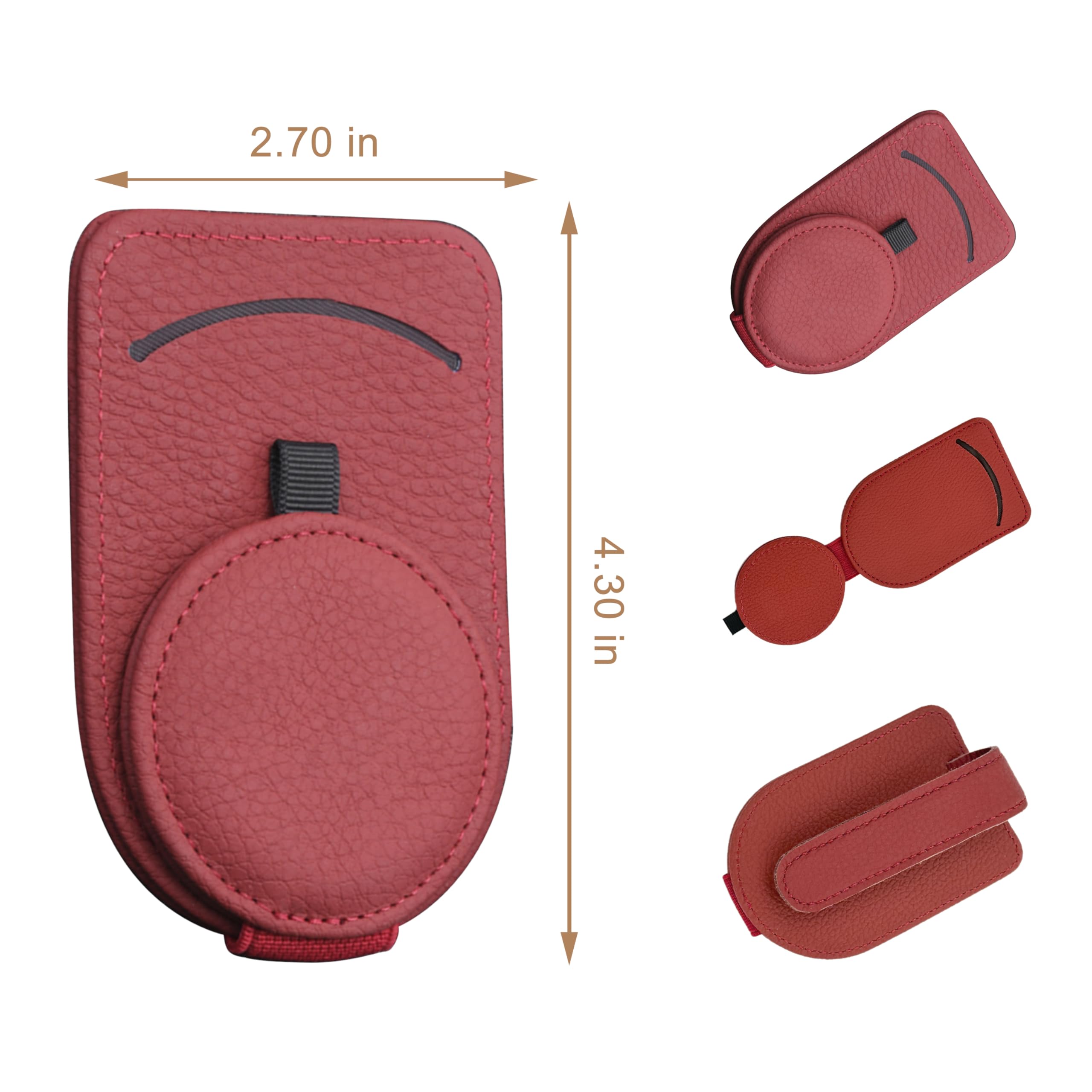 CozyInno Sunglasses Holder for Car, Genuine Leather, Magnetic Closure, Card Pocket, Universal Fit for All Glasses, Red, Sun Visor Organizer